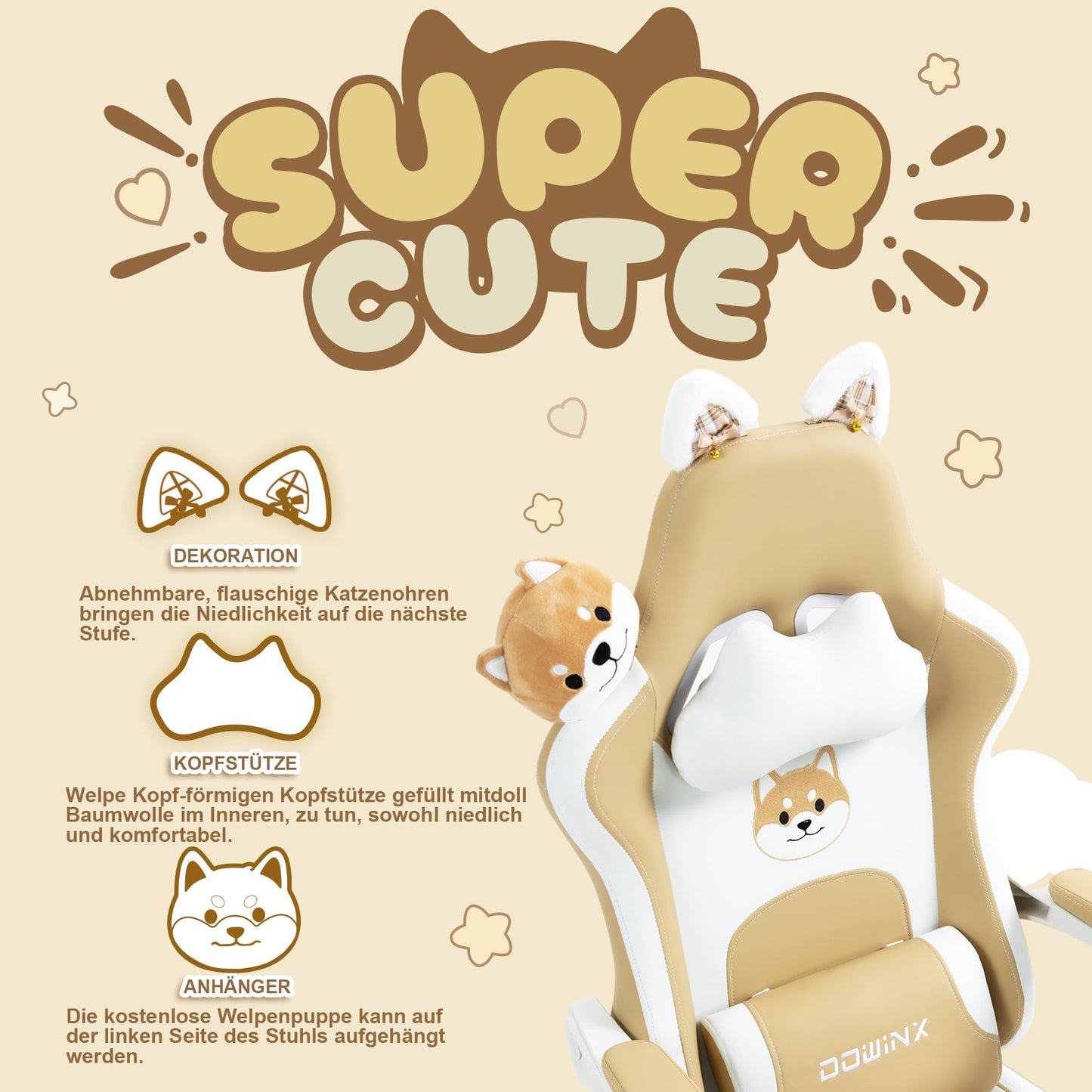 Dowinx Gaming Chair - Cute Cat Edition - Ergonomic Computer Chair with High Back and Lumbar Support, PU Leather, Footrest, Black