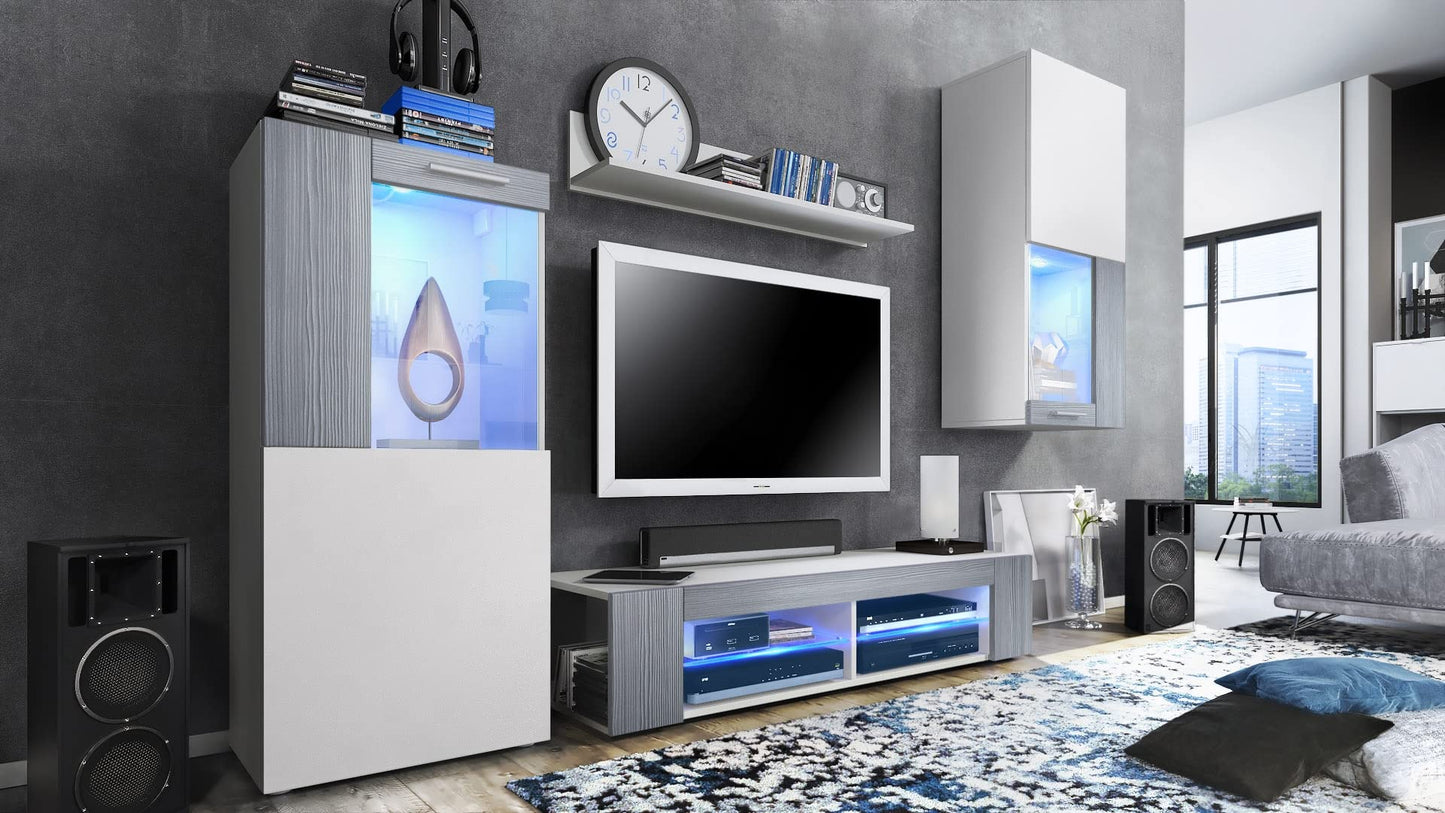 Vladon Wohnwand Movie, Anbauwand bestehend aus 1 TV-Board, 2 Vitrinen und 1 Regal, Weiß matt/Weiß matt/Weiß Hochglanz (Gesamt: 300 x 190 x 39 cm)
