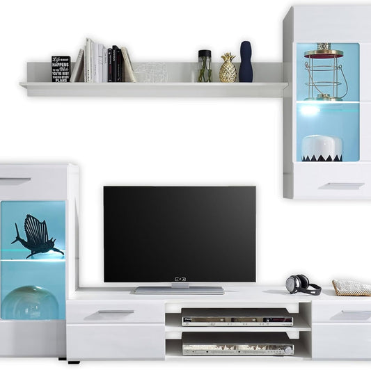 Shot Wall Unit Complete Set in White High Gloss – Modern Cabinet Wall Unit with Lots of Storage Space for Your Living Room – 230 x 190 x 40 cm (W x H x D)