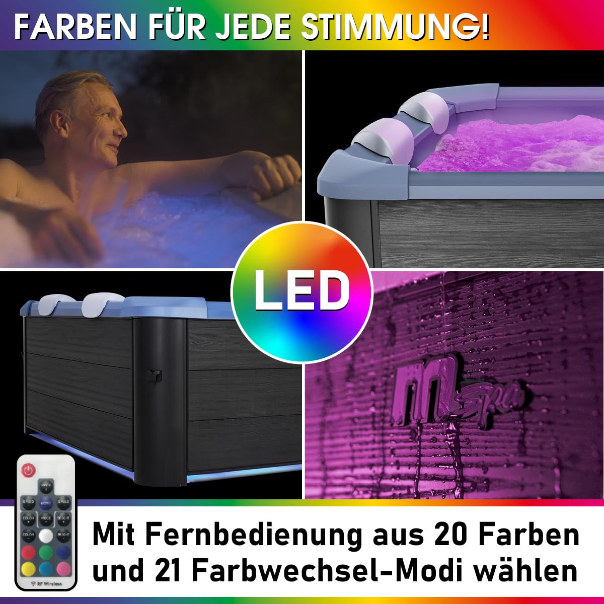 BRAST Whirlpool MSpa Oslo & Oslo Plus XXL mit Fester Außenwand | 160x160x65cm - 180x180x65cm | LED-Beleuchtung 20 Farben | 6 Personen | 120-140 Massagedüsen | Ganzjähriger Einsatz Winterfest