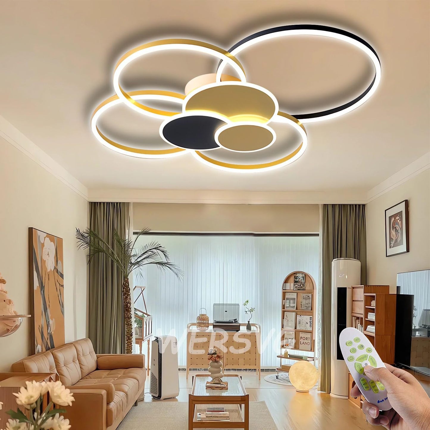 WERSVG L80cm Modern LED Deckenleuchte Wohnzimmer Deckenlampe gold 6-Ring Deckenleuchte 70W 5600LM Dimmbar 3500K - 6500KMit Fernbedienung flurlampe decke, für Wohnzimmer Schlafzimmer Küche Esszimmer