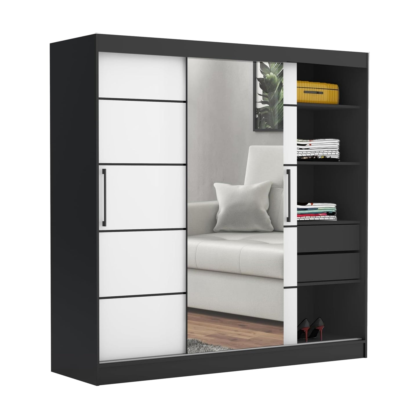 Brent - Kleiderschrank mit Spiegel und Schubladen 200cm Breit Chelsea Tomy, Schwebetürenschrank mit Spiegel, Schlafzimmerschrank, Kleiderschrank Schwarz/Wotan Eiche