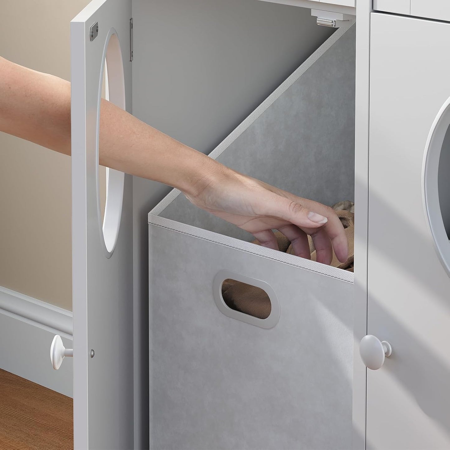 HOOBRO Bathroom Cabinet with Laundry Basket, Bathroom Cabinet with 2 x 37L Laundry Baskets, Freestanding Laundry Cabinet with 2 Drawers and 4 Hooks, for Bathroom, Laundry Room, White EWT36XY01