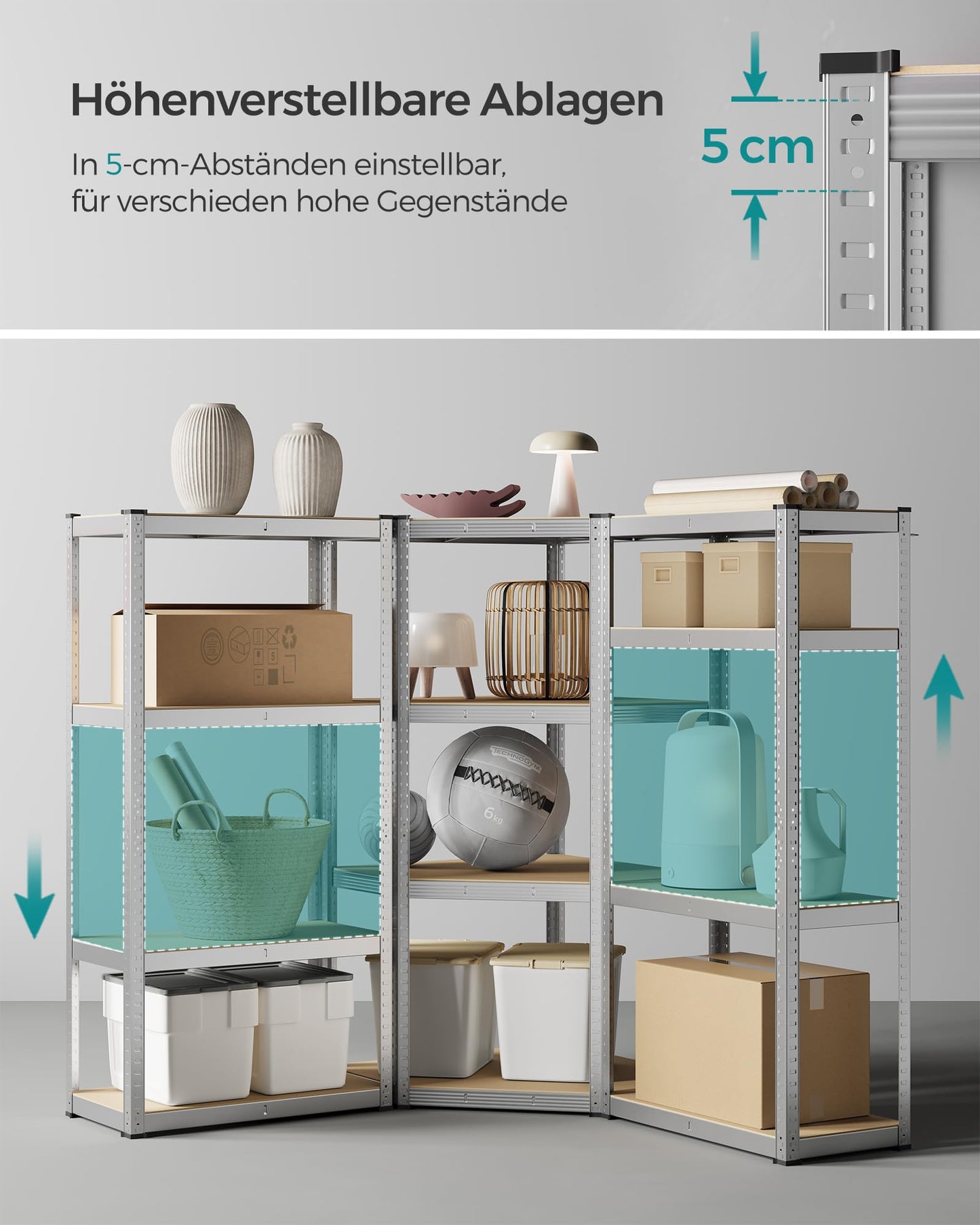 SONGMICS Corner Shelving Set, 5 Levels, Heavy Duty Shelf, Metal, Storage Shelving for Garage, Storage Room, Basement Shelf, Holds up to 2625 kg, Silver/Natural Beige, GLR070E03
