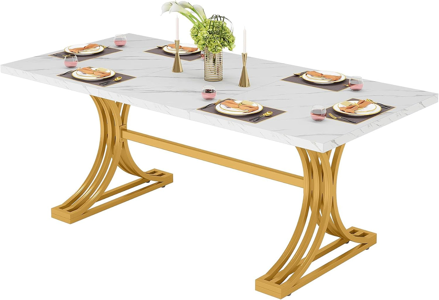 Tribesigns Dining Table for 4 to 6 People 160 x 80 cm Modern Kitchen Table with Faux Marble Top and Stylish Metal Legs, Large Dining Tables for Dining Room, Kitchen, White and Gold