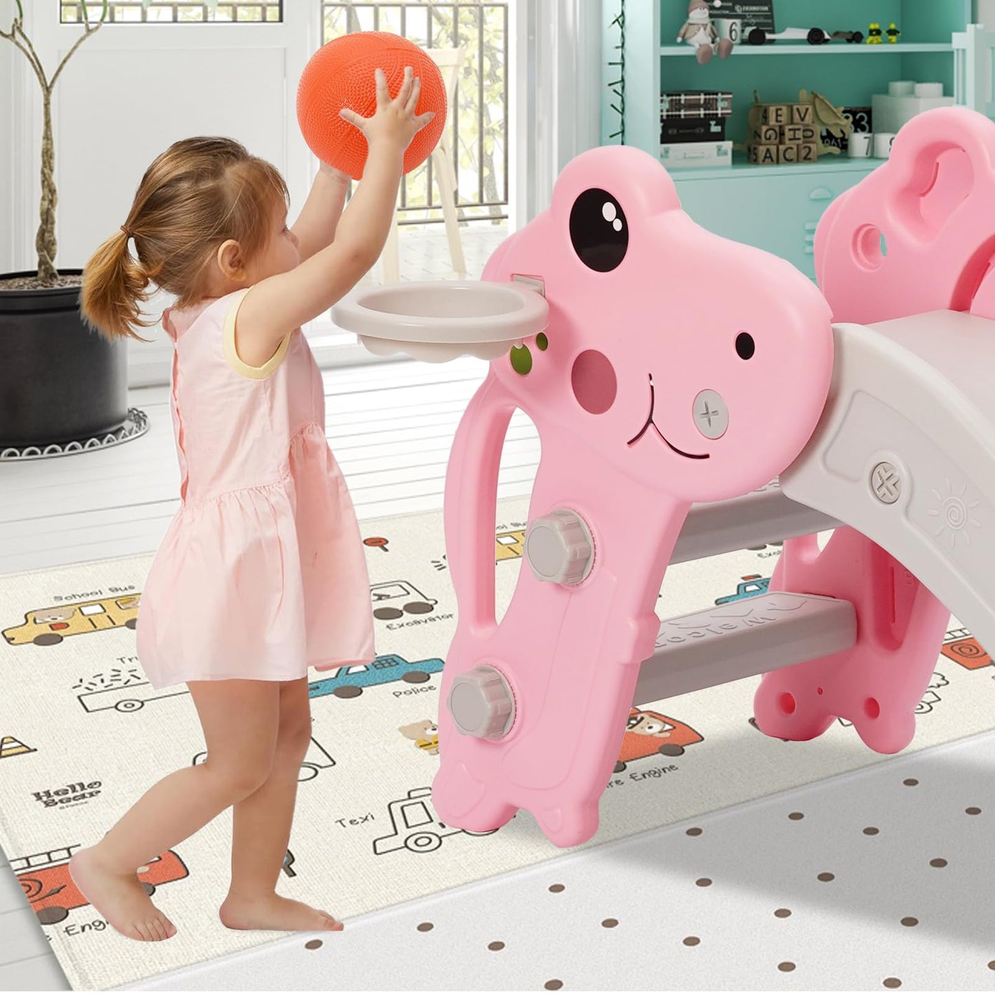 YULEYU Kleinkind Rutsche für Indoor & Outdoor Spielen mit Basketball-Ring, Anti-Rutschschritte, 100cm Baby Kletter, Pink