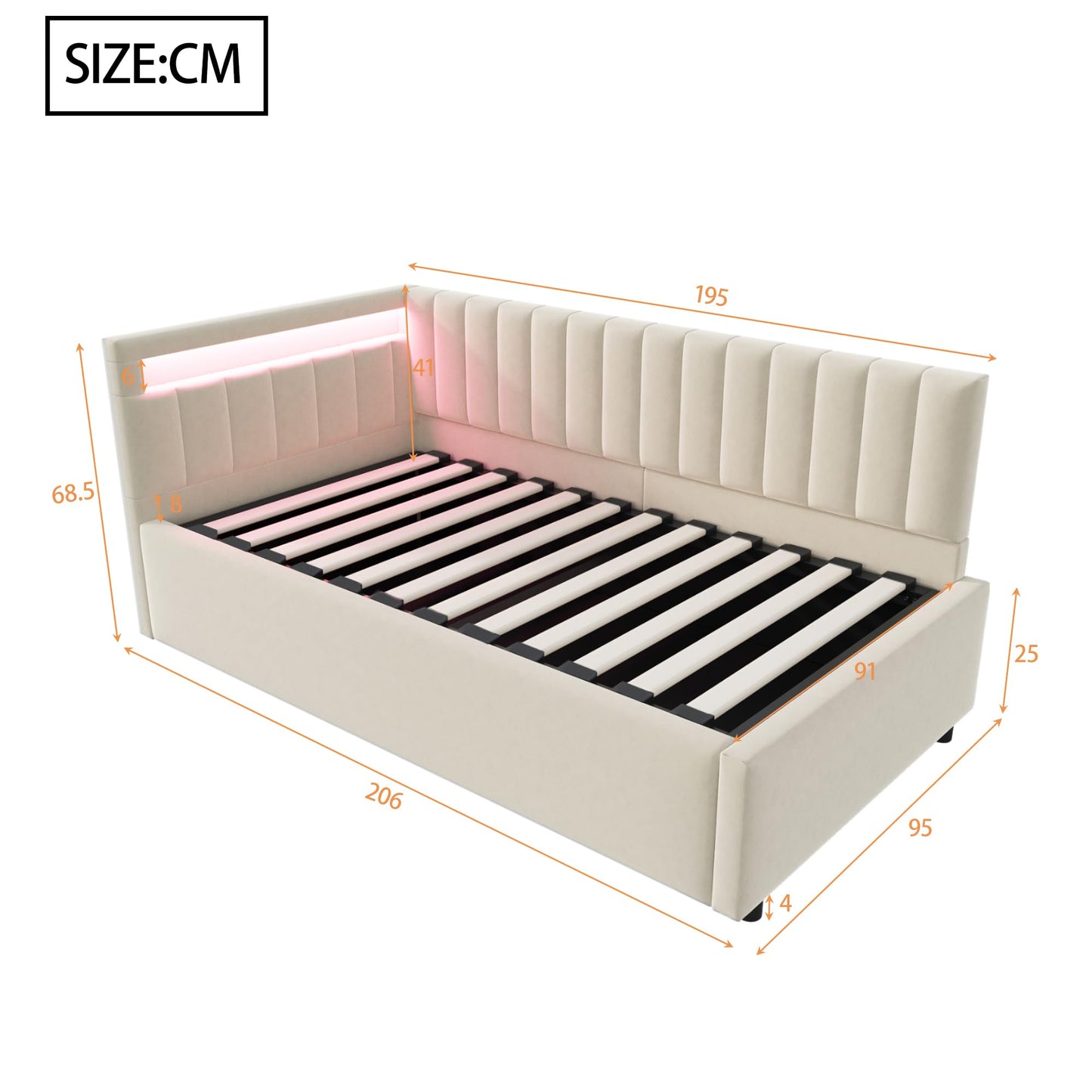 KEYIDE Upholstered Sofa Bed, 140 x 200 cm with LED Lighting and USB Charging, Bed Frame with Wooden Slatted Frame, Day Bed, Guest Bed, Youth Bed, Velvet Fabric, Without Mattress (Grey, 140 x 200)