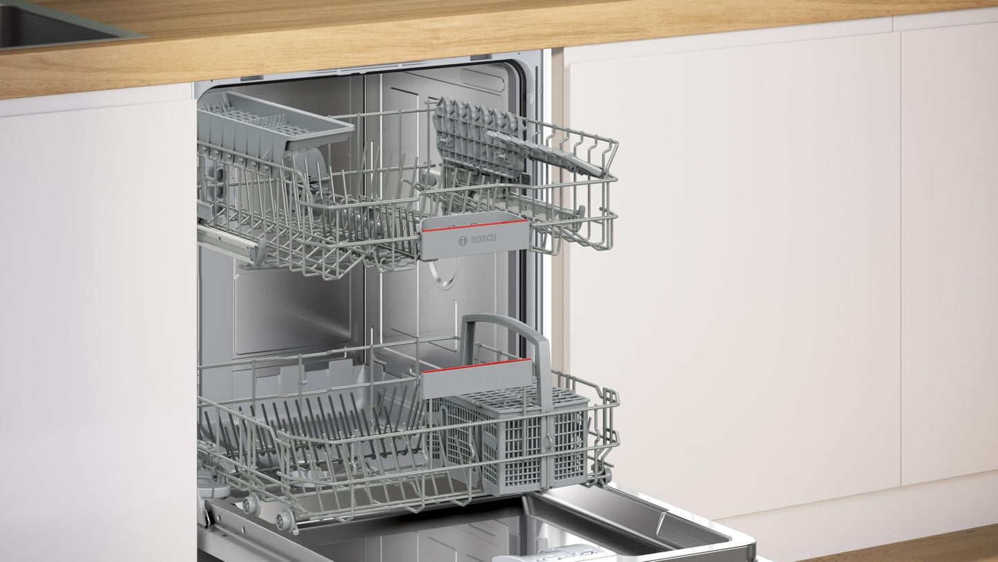 Bosch SMU4ETS08E, Series 4, Smart Undermount Dishwasher, 60 cm, Cutlery Basket, Dishwasher with Program Assistant, Particularly Quiet, Height-Adjustable Upper Basket, Automatic Door Opening, Stainless