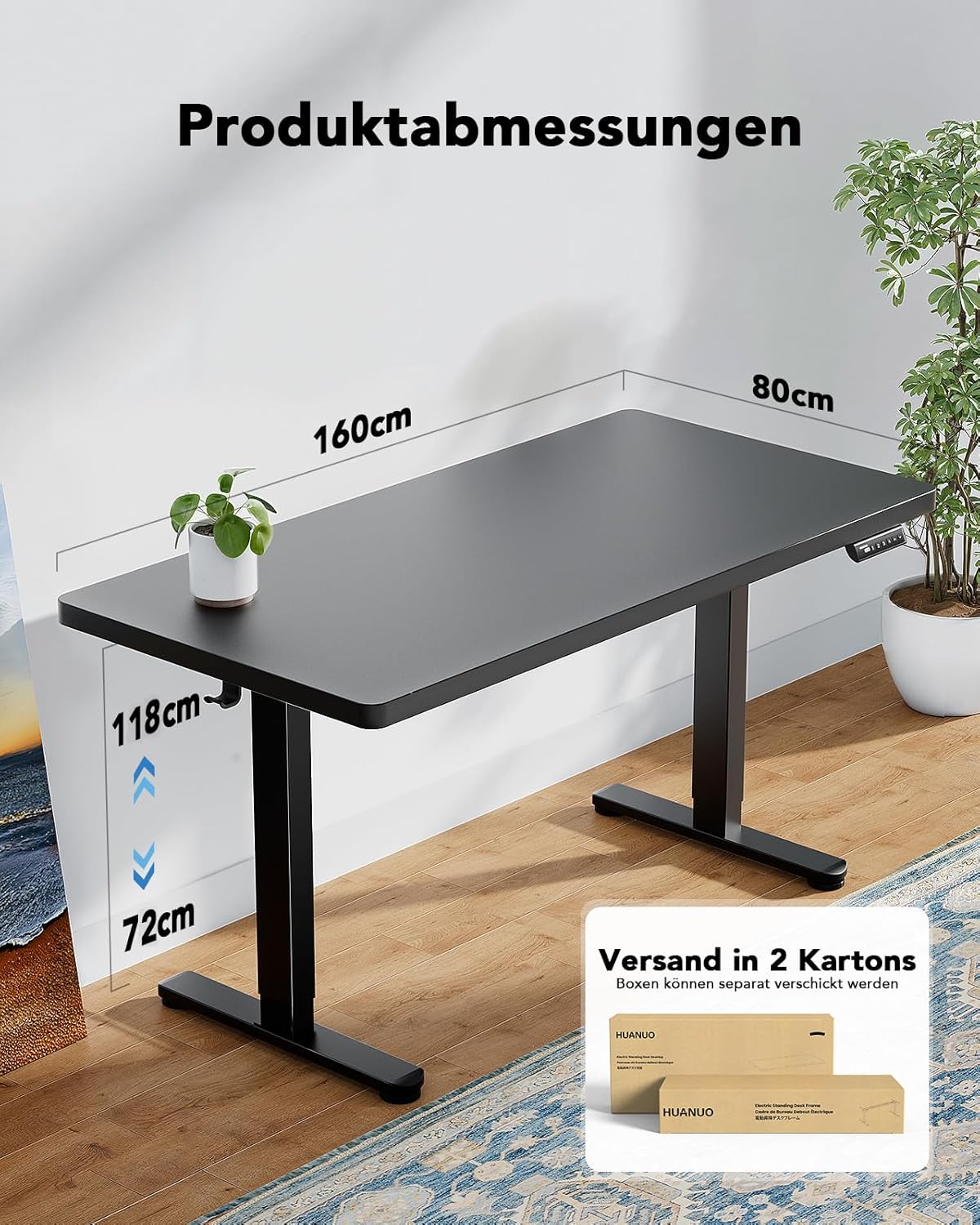 HUANUO Höhenverstellbarer Schreibtisch 160x80cm,25MM Ganze Tischplatte mit Bürstenloser Motor,Ergonomischer Steh-Sitz Tisch Stehpult,Einfache Montage Elektrischer Stehschreibtisch für Homeoffice