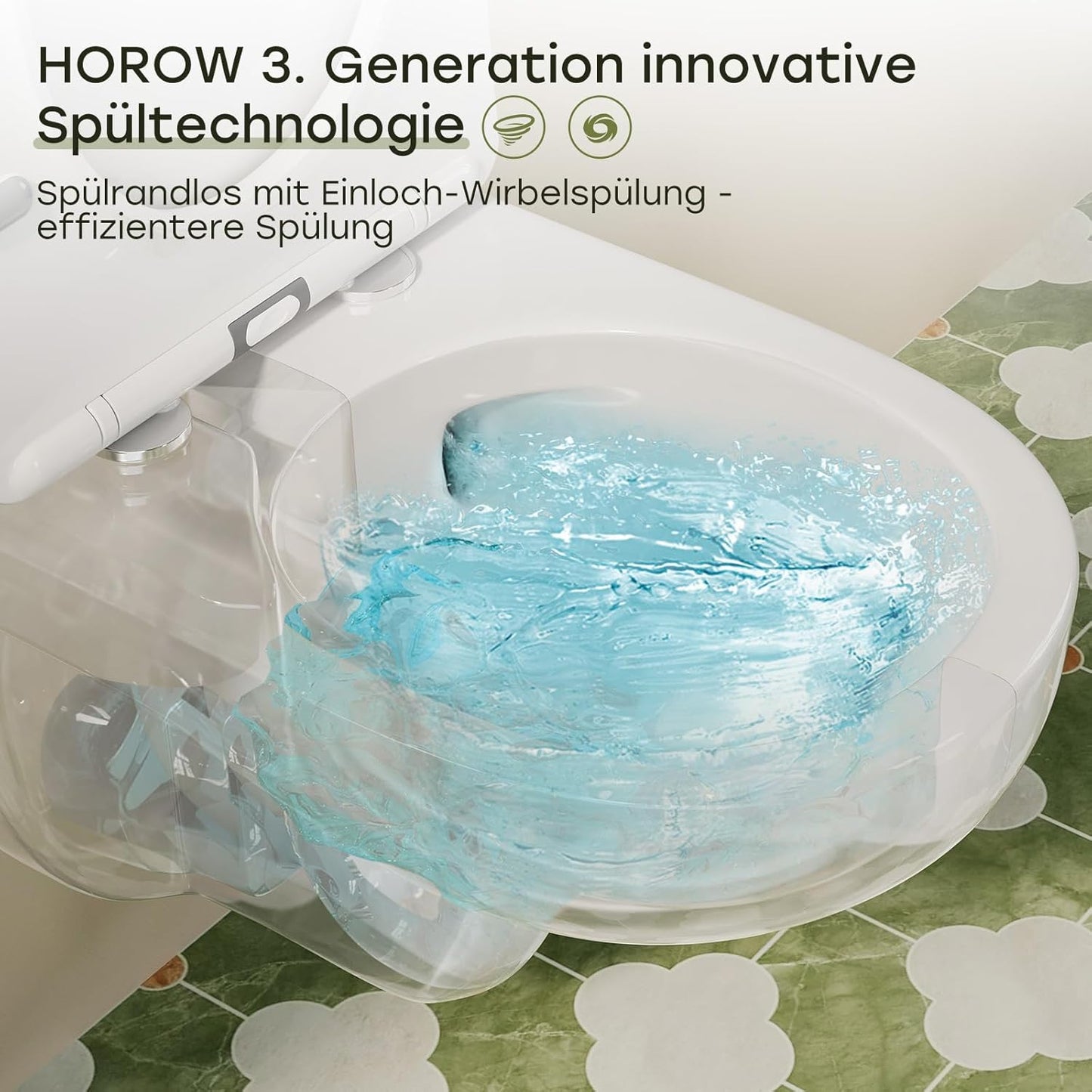 HOROW Wall-Mounted Toilet, Rimless, Toilet Including Toilet Lid with Soft-Close Mechanism, Powerful Flush Washdown Toilets, Toilet Bowl with Nano Coated Glaze, 52.5 x 36 x 36.5 cm