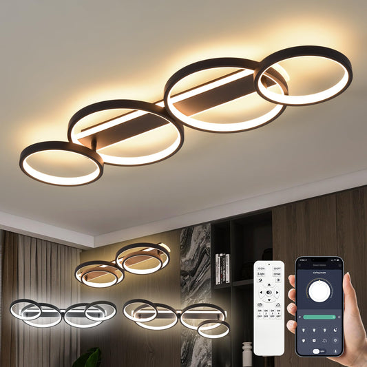 LED Ceiling Lamp, Dimmable Ceiling Light with Remote Control App, Adjustable Ring Shape Living Room Lamp 4 Bulbs Chandelier Lamp, 48 W 3000-6500 K Ceiling Lighting for Bedroom Living Room, Black, 86