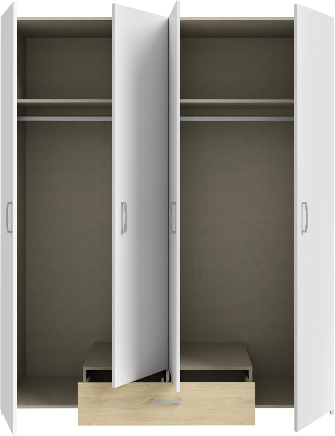 FORTE ECONOBOX Kleiderschrank 160, 4-türiger Schrank mit viel Stauraum, Holzwerkstoff, Weiß/Puccini Eiche, 159,1 cm breit, 190,5 cm hoch, 54,4 cm tief