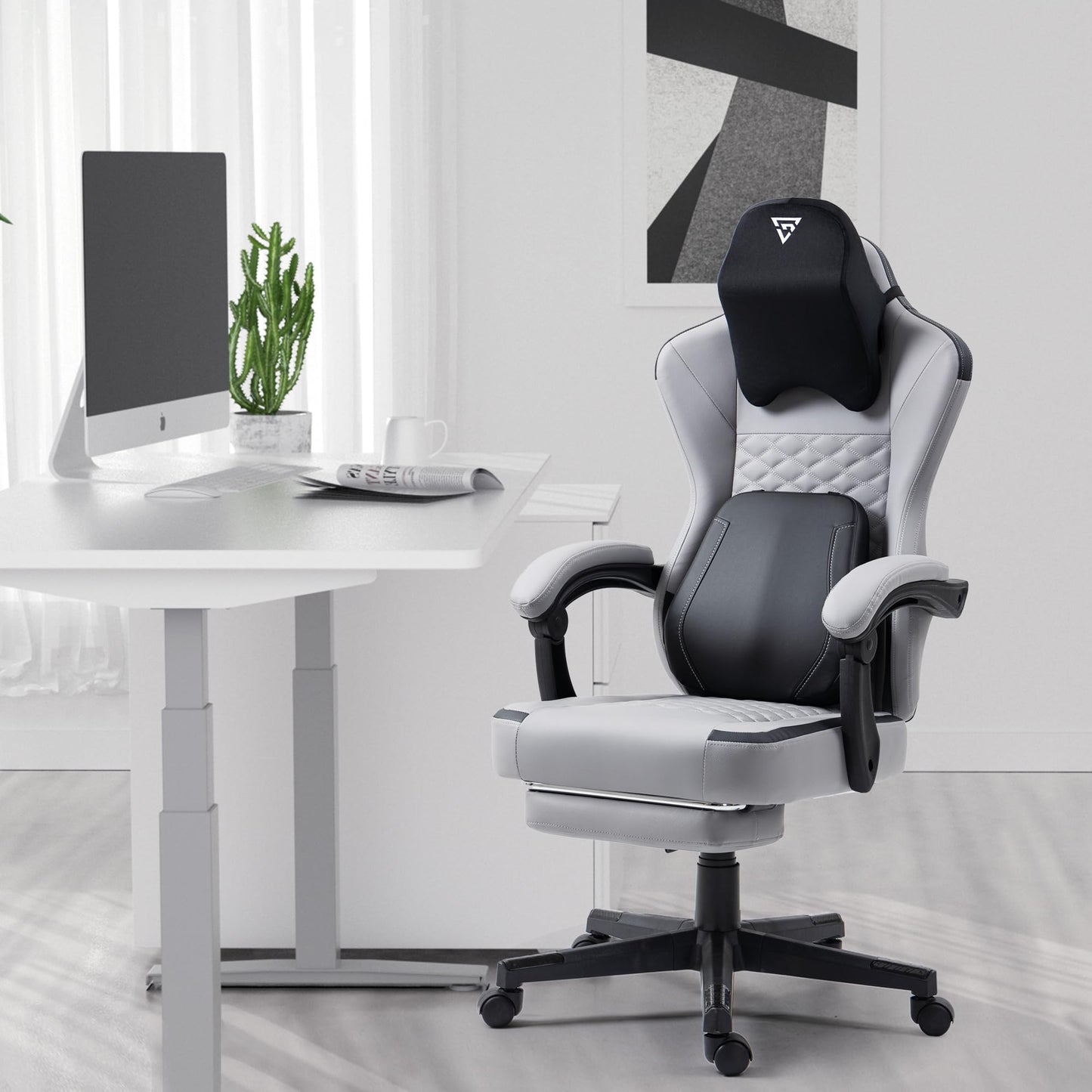 Vigosit Gaming Chair with Heated Massage Lumbar Support, Fabric Gamer Chair with Bag Spring Cushion and Footrest, Horse and High Gamer 150 kg Load Capacity (Pale Pink)