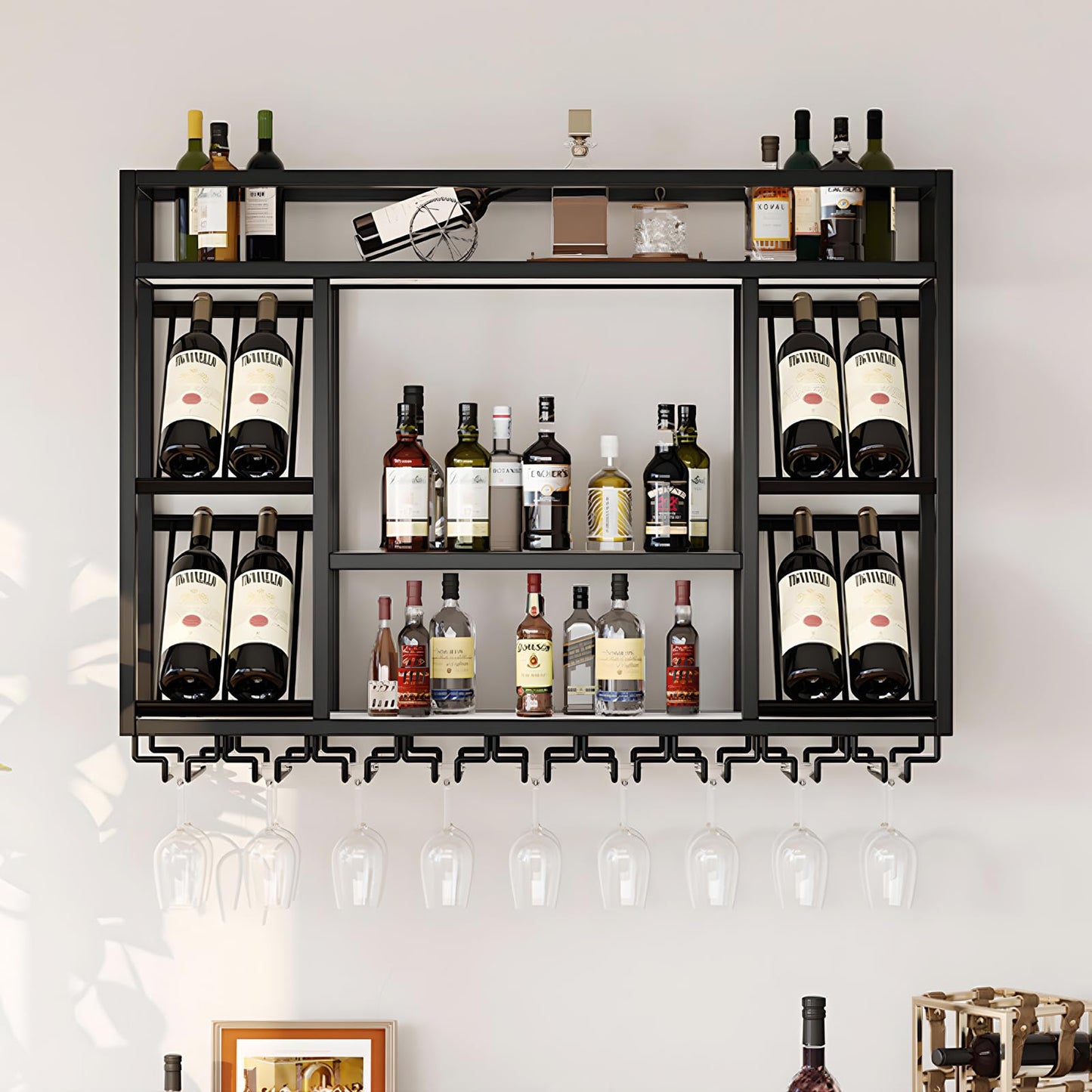 amhricho Wandweinregal Metall, Industrielles Wandmontierte Weinregal mit Glashalter, Schwebendes Regal für Bareinheiten, für Zuhause, Restaurant, Bar (Black, 80 * 25 * 70CM)