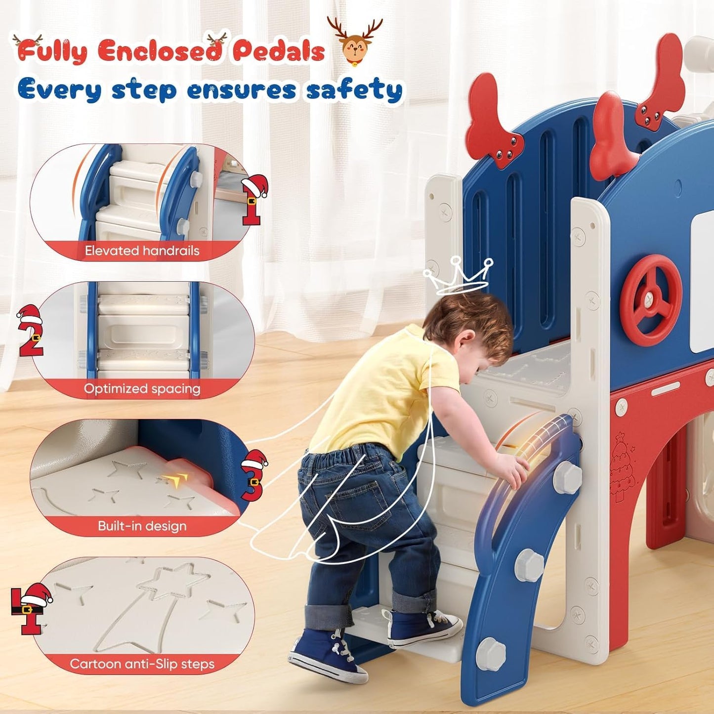 Children's Slide, Large Toddler Slide with Basketball Hoop, Climbing Frame for the Garden, Telescope, Storage Space, for 1-3 Years, Extra Long 1700 mm (7-in-1 Elk Slide Active Model (Khaki)))