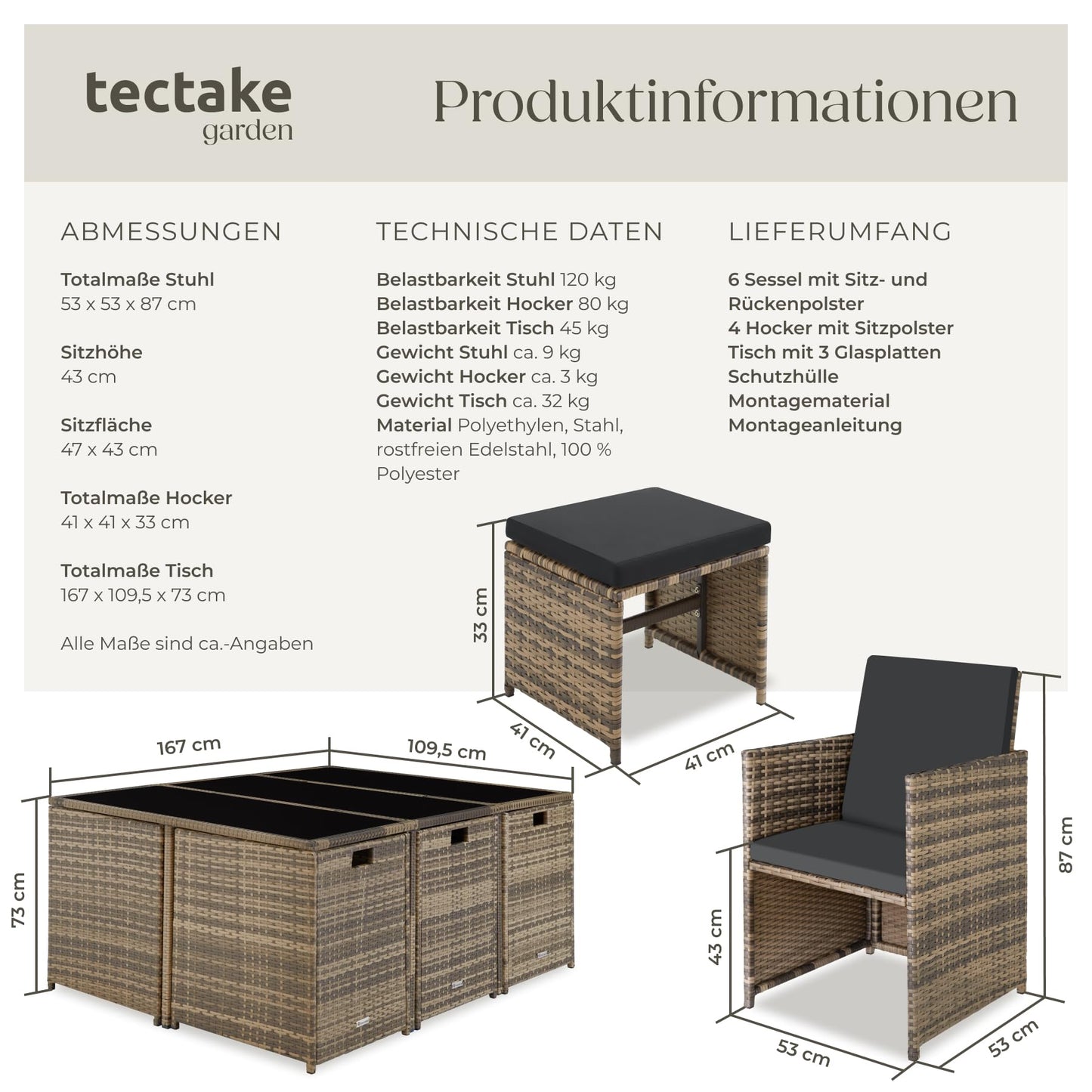 tectake® Outdoor Balcony Garden Furniture Set, Lounge with 6 Chairs, 4 Stools and 1 Table, Poly Rattan Wicker, Weatherproof, Space-Saving - Grey