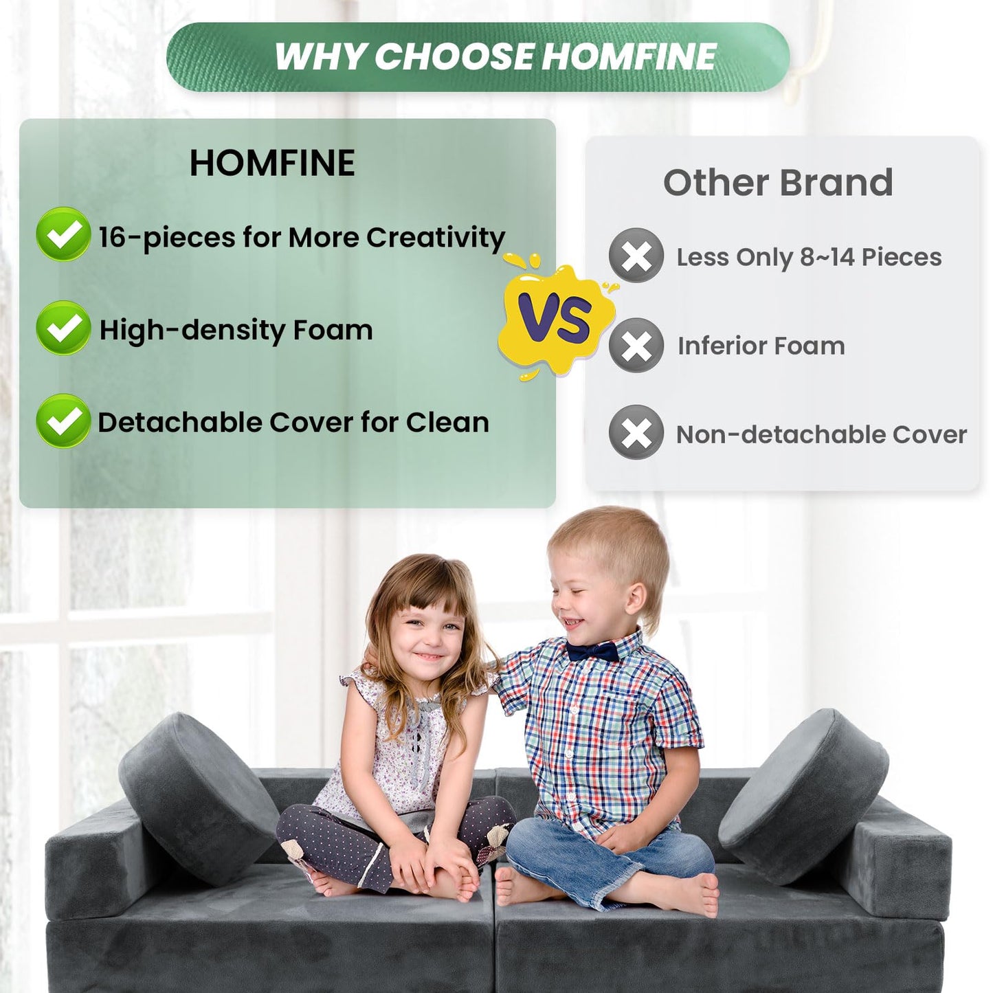 HOMFINE 16pcs Modular Kids Play Couch, Kids Toddler Couch, Child Sectional Sofa, Versatile Kid Sofa for Playroom Bedroom, Convertible Foam and Floor Cushion for Boys and Girls, Grey