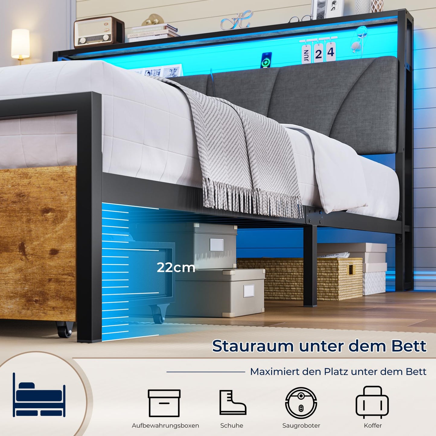 Brinlawb Bed 140 x 200 cm with Metal Slatted Frame, Bed Frame 140 x 200 cm with LED Lighting and Charging Station (2 AC Sockets & 2 USB Ports), Double Bed with 2 Large Drawers, Grey