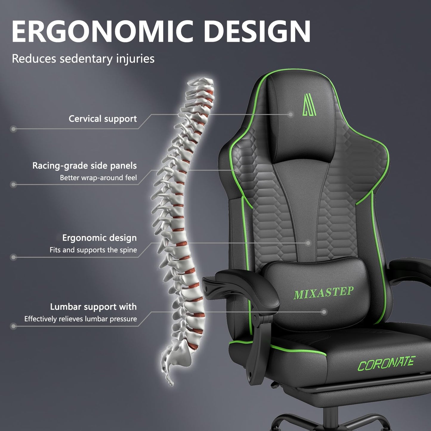 NSMAZXO Gaming Stuhl Ergonomisch mit Verstellbarer Rückenlehne & 360° Drehfunktion - Bürostuhl für Erwachsene/Jugendliche 150KG,PC-Stuhl Stoff in Grün für Homeoffice/Gaming