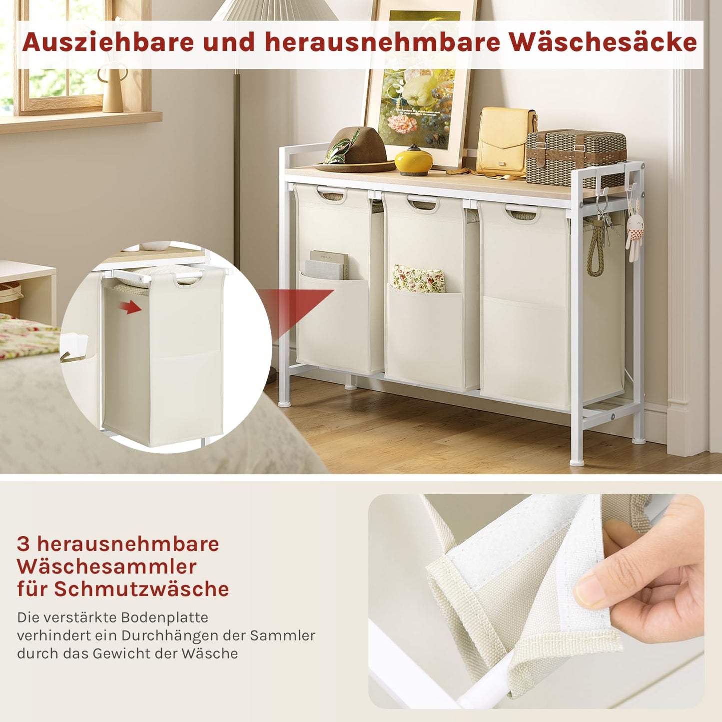 WOLTU Laundry Basket, 3 Compartments, Each 40 L, Laundry Hamper with Shelf Metal Frame, Oxford Fabric Laundry Bag, Extendable, Removable, Laundry Sorter, Laundry Container, White