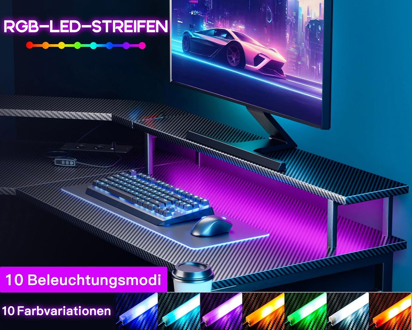 ODK Gaming Tisch mit LED, Gaming Schreibtisch mit 2 Steckdosen und 2 USB Ladeanschluss, PC Tisch Gaming mit großzügiger Monitorablage, Gamer Schreibtisch in Kohlefaser Weiß, 129x129 cm