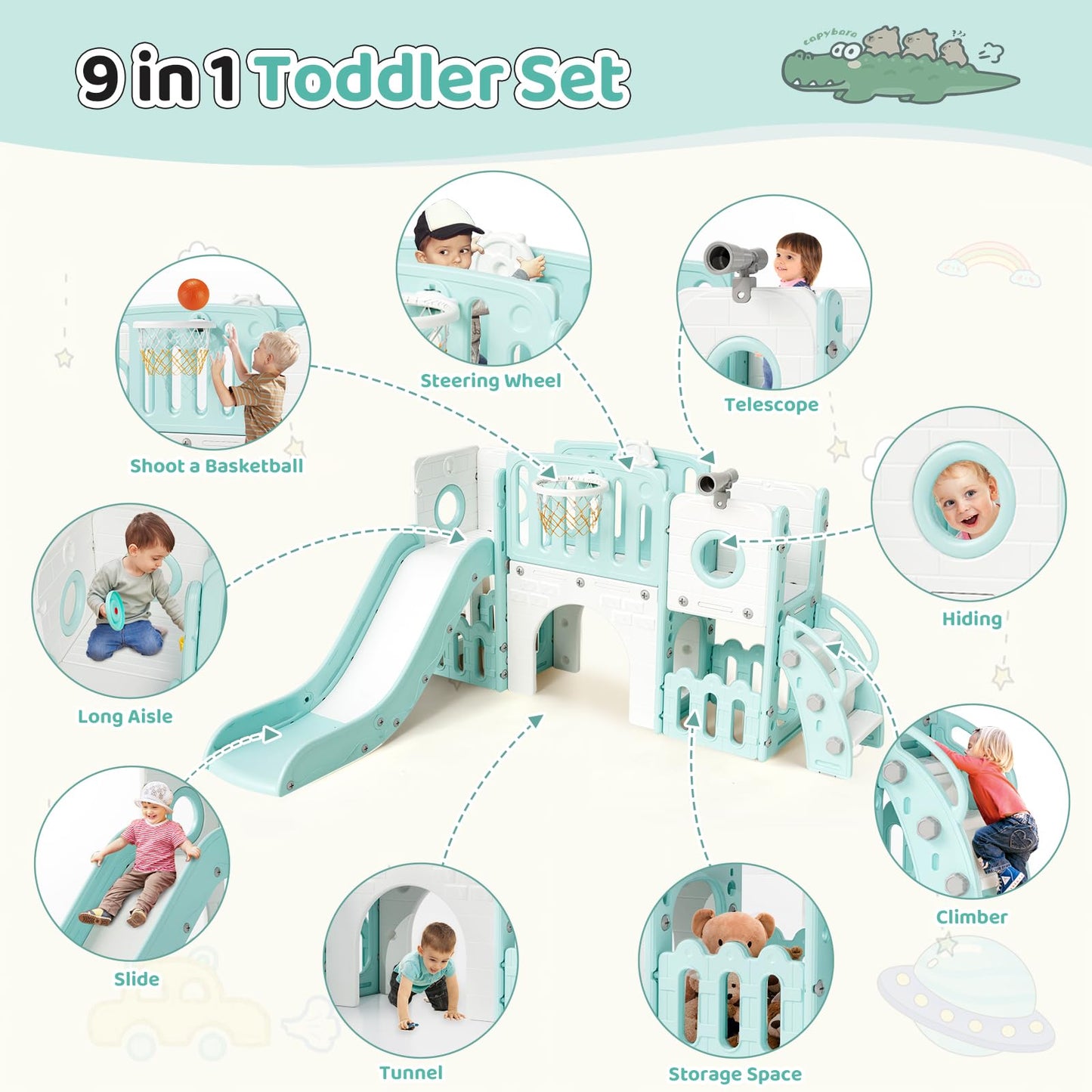 MAMIZO 9 in 1 Kinderrutsche, Kinder Rutsche mit Klettergerüst, Indoor & Outdoor Rutsche mit Basketballkorb und Teleskop, Tunnel, Stauraum, Gartenrutsche,Kinder Spielplatz, mit 2PCS Moduls, Gelb Blau