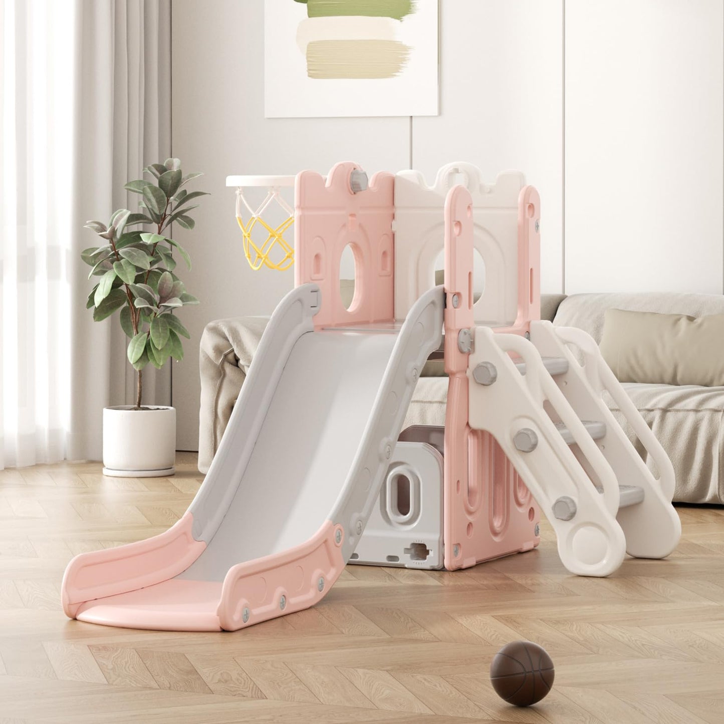 Rutsche mit Klettergerüst für Kinder: Indoor Spielplatz mit - Aufbewahrungsbox Tunnel Treppenleiter Basketballkorb und Durchgangsbereich Gartenrutsche (Star Set-G-Brown)