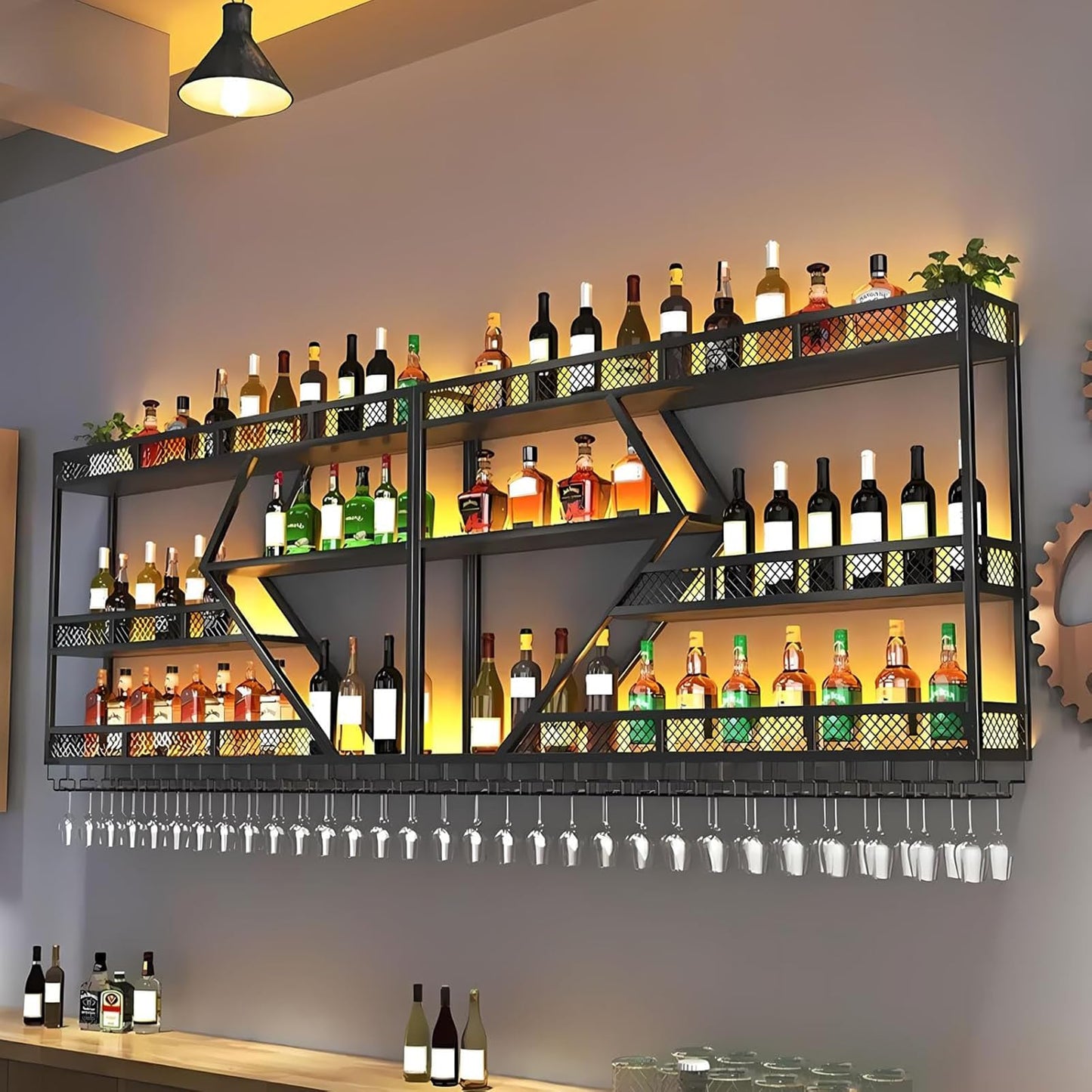 Wall Wine Rack Metal with LED Lighting and Modular Wine Bottle Holder Modern Wine Storage for Home Bar, Kitchen, Catering Robust Holder + Easy Assembly (Includes Dowels) (Black, 2.4 m)