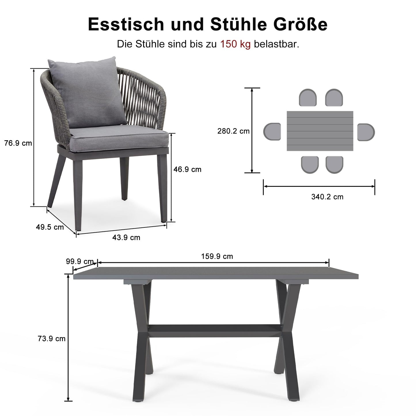 PURPLE LEAF 9-TLG Gartenmöbel Set,Aluminium Terrassenmöbel 8 Gartenstühle mit Tisch Balkonmöbel Essgruppe Gartengarnitur, Grau