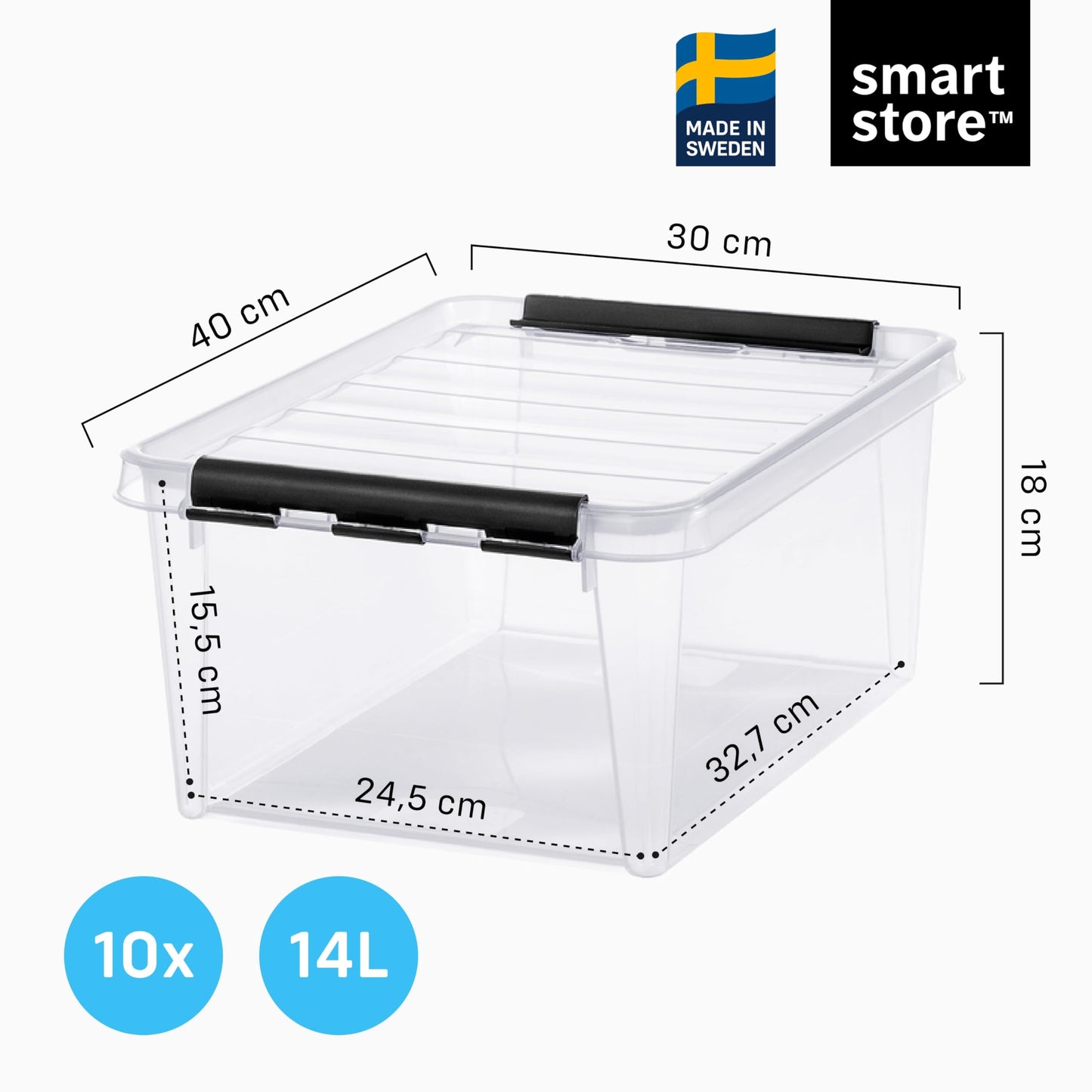 SmartStore Storage Box with Lid, 14 Litres, Pack of 4, Reinforced, Large, Transparent, Food Safe, with Clip Closure, Stackable, BPA-Free Plastic, 40 x 30 x 18 cm (L x W x H)