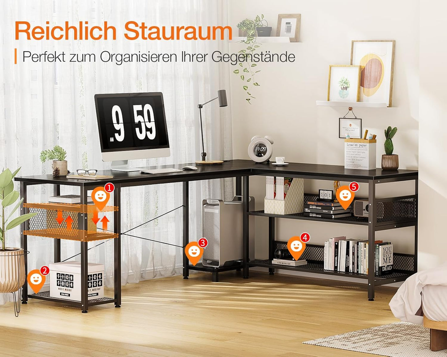 ODK Gaming Tisch, Reversibel Gaming Schreibtisch mit 2 Steckdosen und 2 USB Ladeanschluss, Eckschreibtisch für Office und Gaming, Weiß, 150×102cm