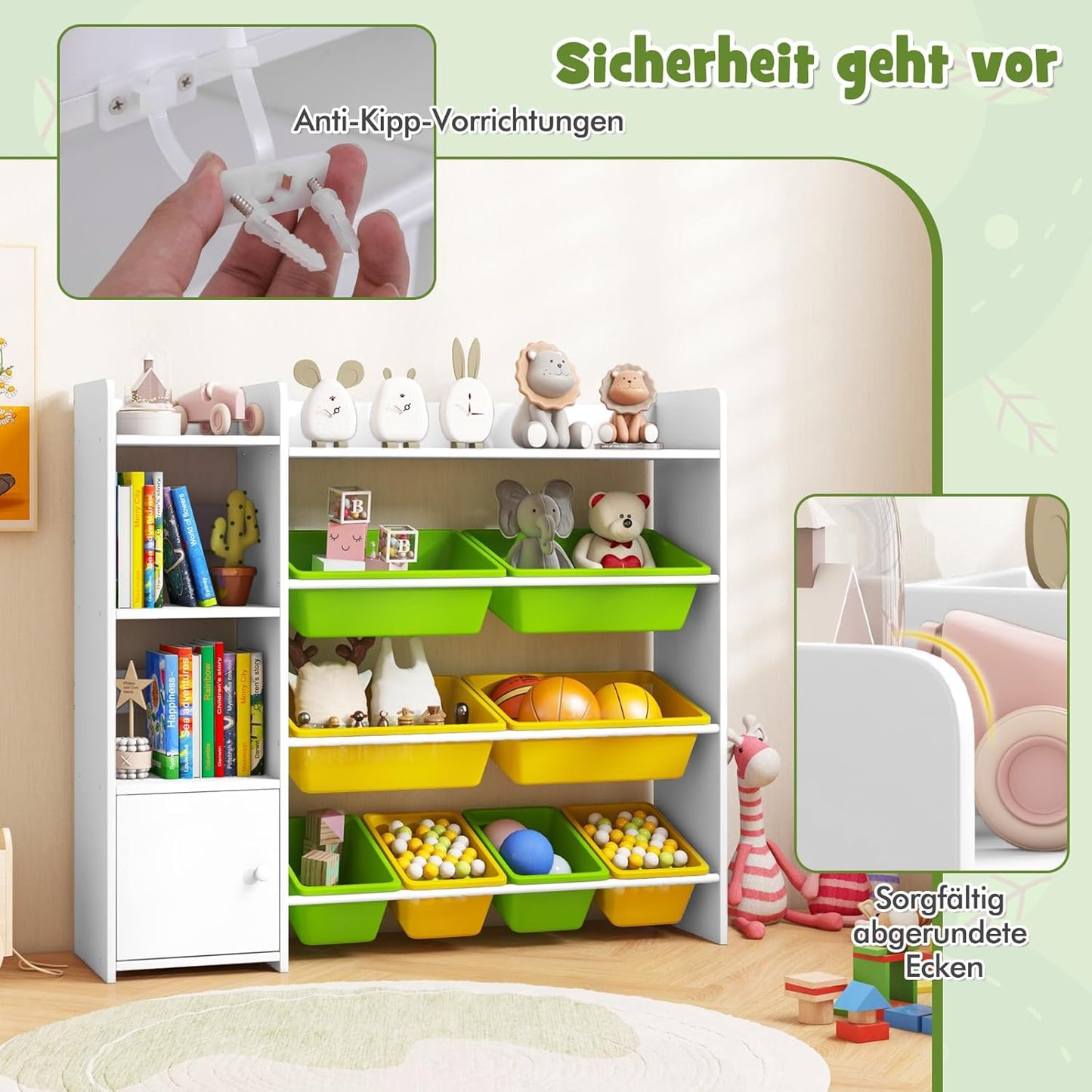 COSTWAY 4-stöckiges Kinderregal, Spielzeugregal mit 8 Aufbewahrungsboxen, 2 offenen Regalen & Schrank, Spielzeug-Organizer Bücherregal für Spielzimmer, Kindergarten, Kinderzimmer, 120 kg belastbar