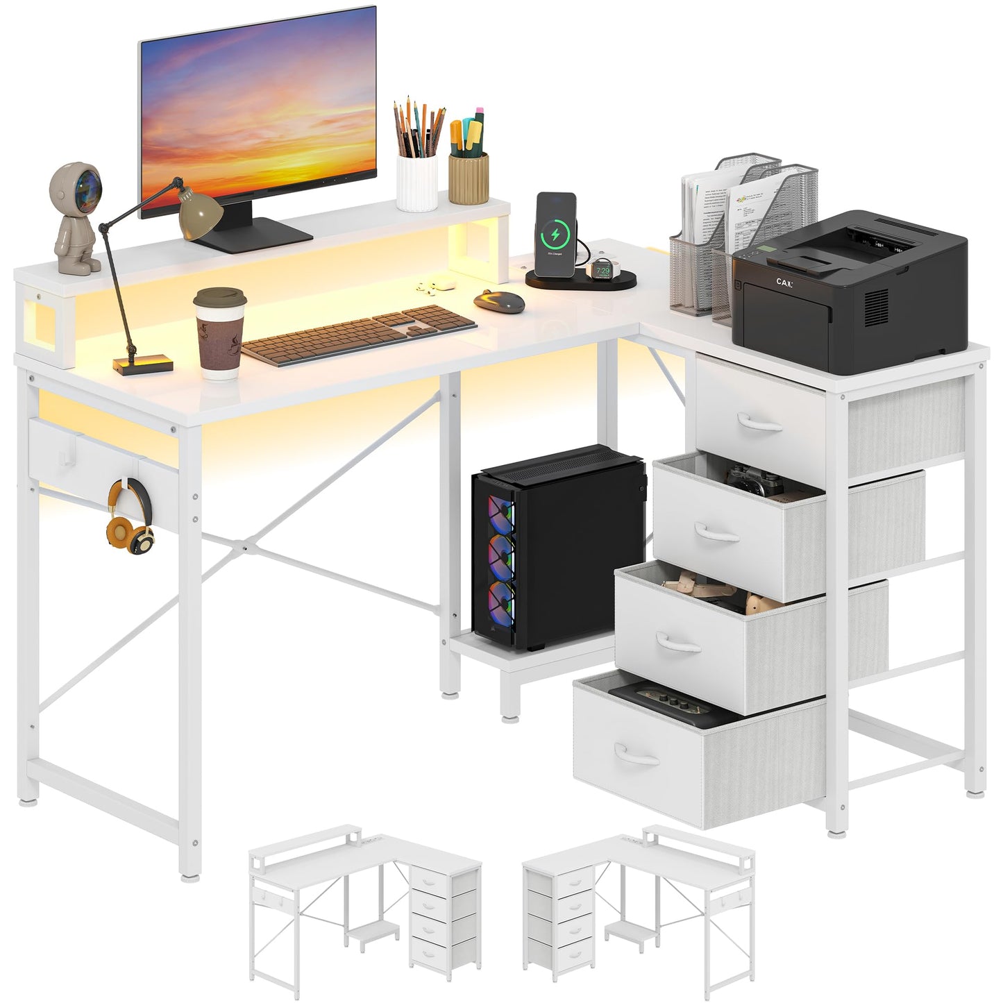 YITAHOME Desk, Reversible Corner Desk with 4 Drawers, L Shape Desk with 2 Sockets and 2 USB Charging Ports, Office Table L Shape with LED, 130 x 100 cm, Corner Table with Monitor Shelf, White