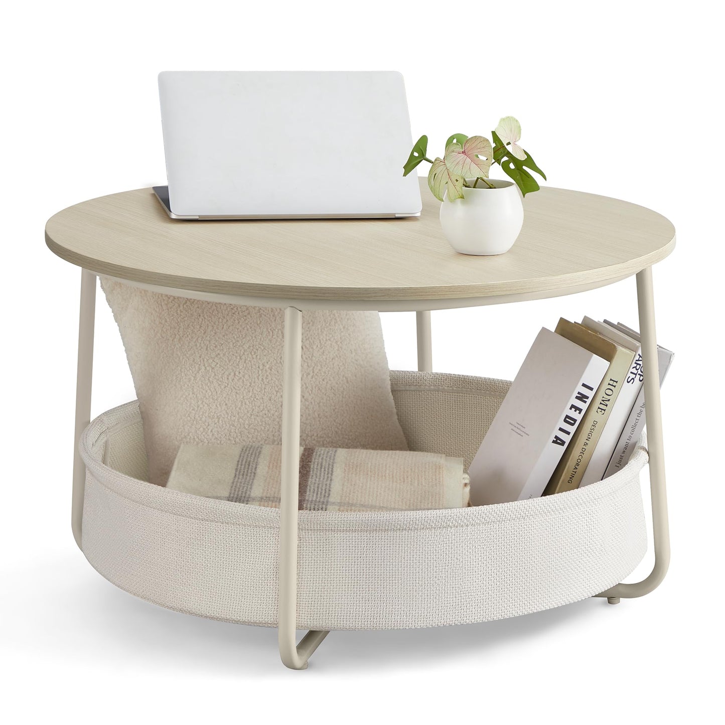 VASAGLE LCT244W10 Round Coffee Table with Storage Space Side Table Living Room Table with Fabric Basket Modern Metal Frame Matt White Camel Brown