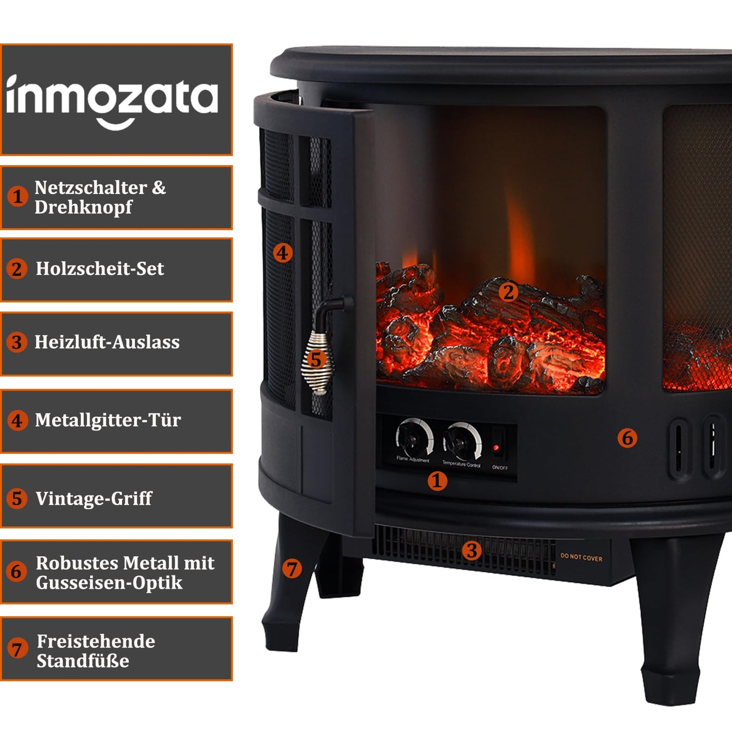 INMOZATA Elektrokamin mit Heizung 1800W LED Kaminfeuer mit Flammeneffekt, LED Kamin Elektrisch Kaminofen mit Einstellbarer Thermostat Panorama-Sichtfenster Heizfunktion