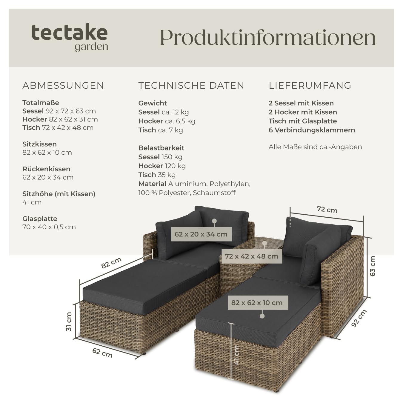 tectake® Luxus Rattan Lounge Set Outdoor, modulares Sofa mit Couch Tisch und Hocker, Balkon Möbel, Garten, Terrasse, Gartenmöbel Set wetterfest, Balkon Lounge, Gartenlounge - Natur