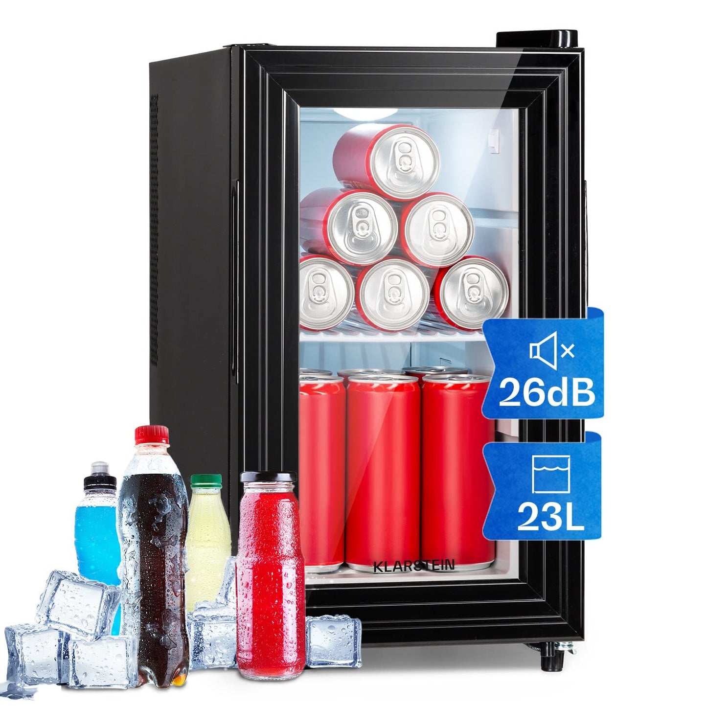 Klarstein Kühlschrank, Mini Kühlschrank mit Glastüre, Mini-Kühlschrank für Getränke, Snacks & Kosmetik, Kühlschrank Klein & Leise, Verstellbare Ablagen, Kleiner Skincare Kühlschrank 12-18°C, 23L
