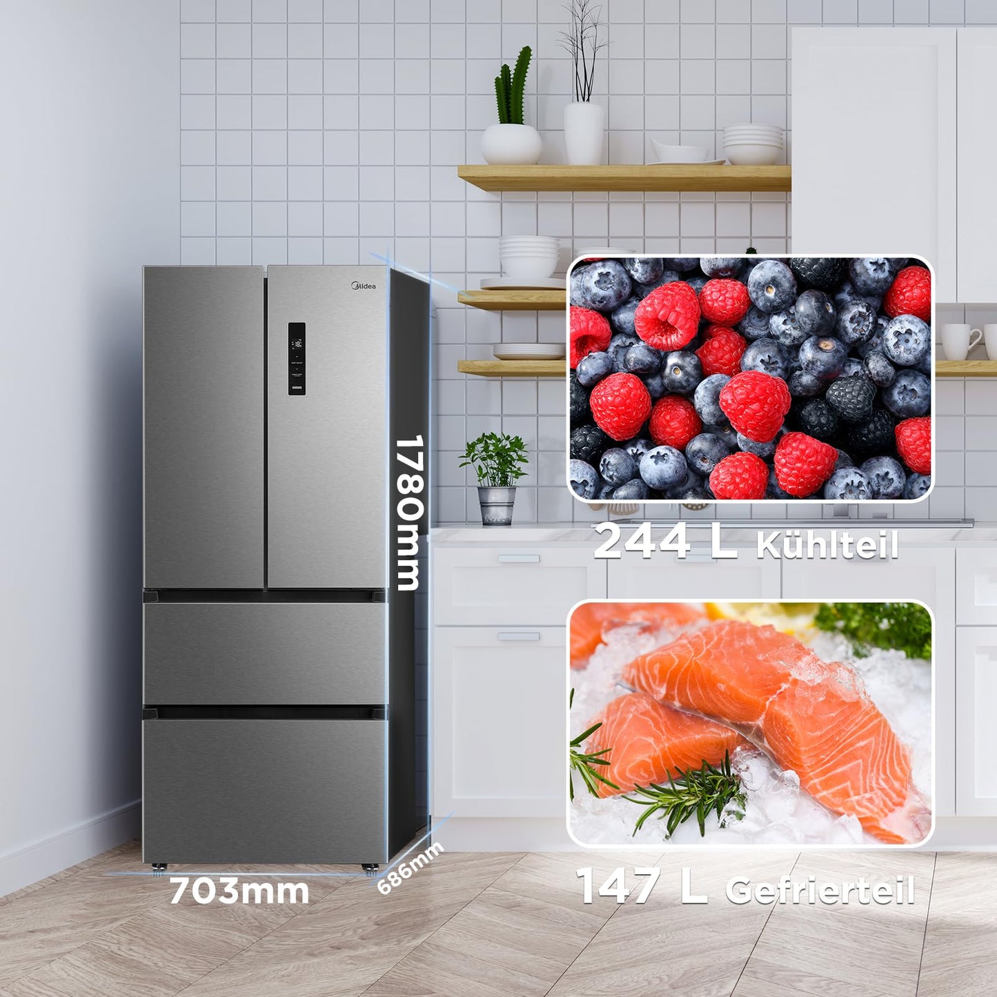 Midea MDRF632FIE28 Multi Door Fridge/Freezer Combination / 177.5 cm Height / 83.3 cm Width / 65.3 cm Depth / NoFrost / 295 kWh per Year / 305 L Fridge Capacity / 169 L Freezer Capacity / Plasma Pure /