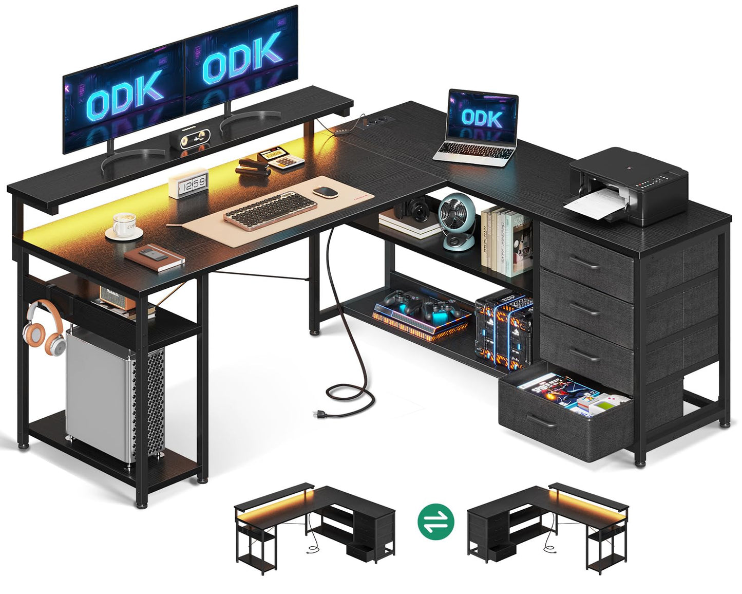 ODK Schreibtisch mit Schubladen, Reversible Eckschreibtisch mit 2 Steckdosen und 2 USB Ladeanschluss, Bürotisch L Form mit LED für Home Office 135×110cm (Graueiche)