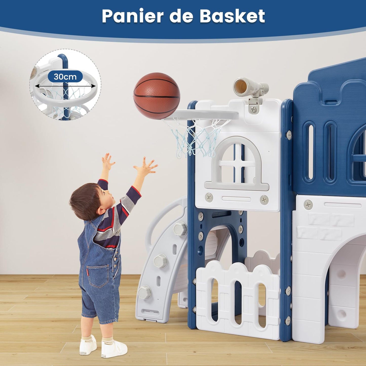 Kinder Rutsche 8 in1 Mit Klettern, Teleskop, Basketballkorb,Tunnel, Bohrspiel und Stauraum, Kleinkinderklettergerüst für Kleinkinder 1–3 Jahren