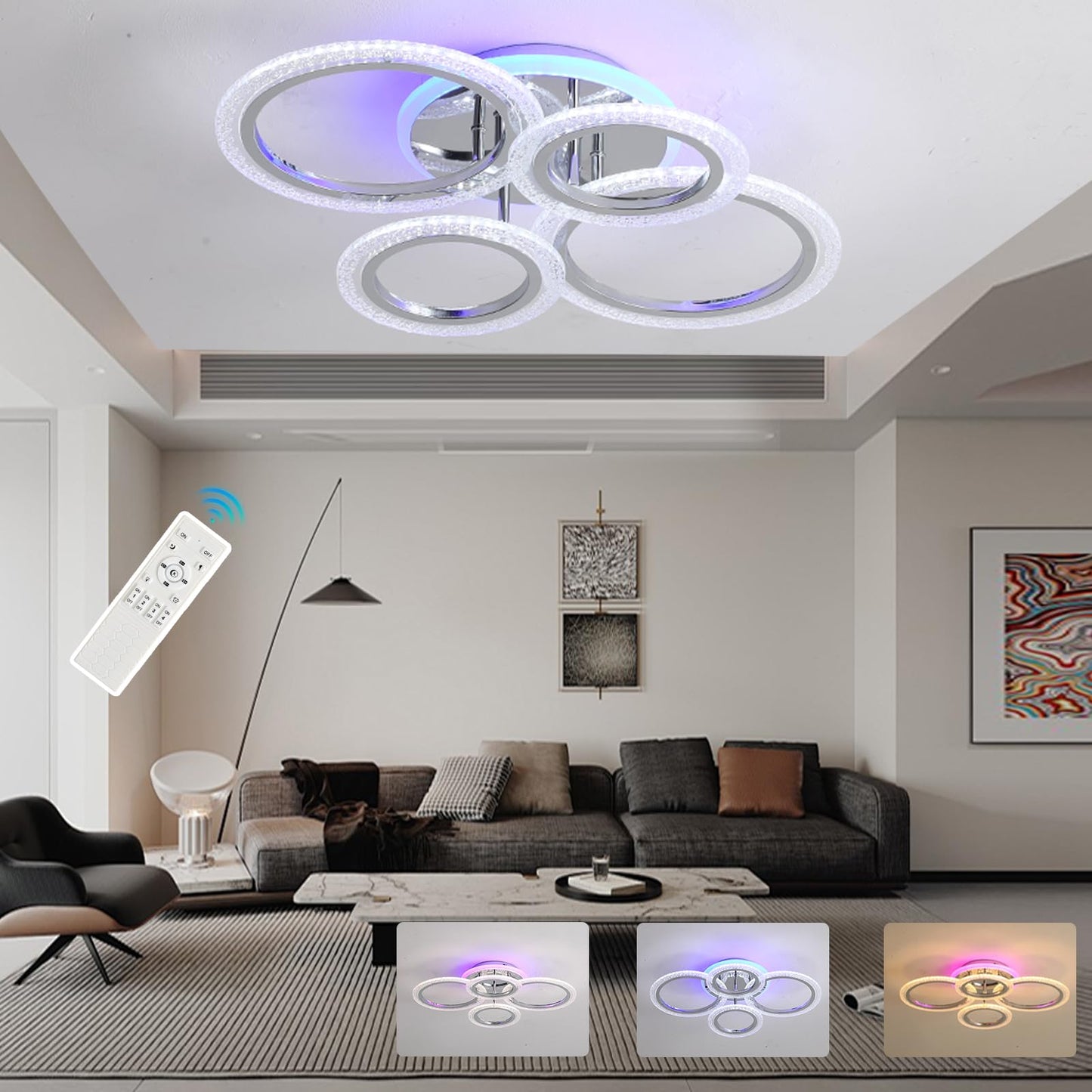 ZAITINZ Led Deckenleuchte,Wohnzimmerlampe 80W,Deckenleuchte Dimmbar mit fernbedienung 3000-6000K,5 Quadratische Deckenlampe Led,Moderne Deckenleuchten für Wohnzimmer,Schlafzimmer,Küche,Flur,Chrom