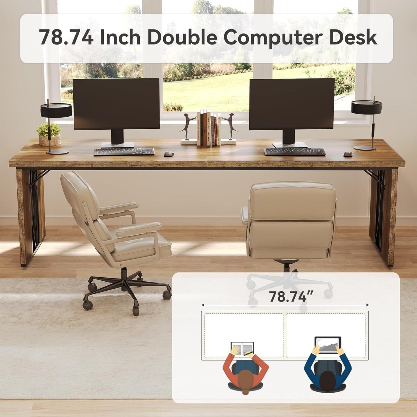 Tribesigns Computer Desk, 200 x 70 x 76 cm, Double Long Desk, PC Table, Office Table, Work Table, Industrial Design Conference Table for Home Office, Brown