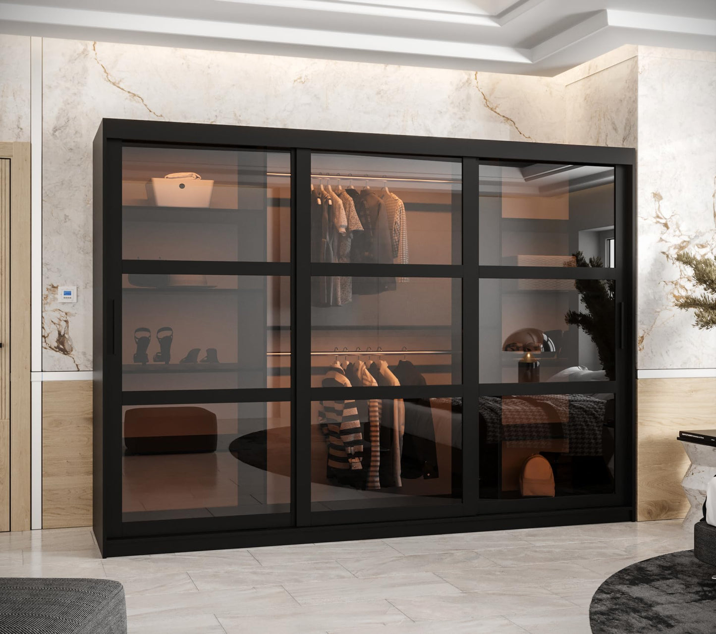 MEBLE KRYSPOL Dome 2 Schrank mit DREI Schiebetüren mit Spiegel, Stangen und Regalen - Aufbewahrungsschrank mit Rauchglas für Schlafzimmer, Wohnzimmer - 200x250x62cm - Schwarz, Schwarz, Schwarz
