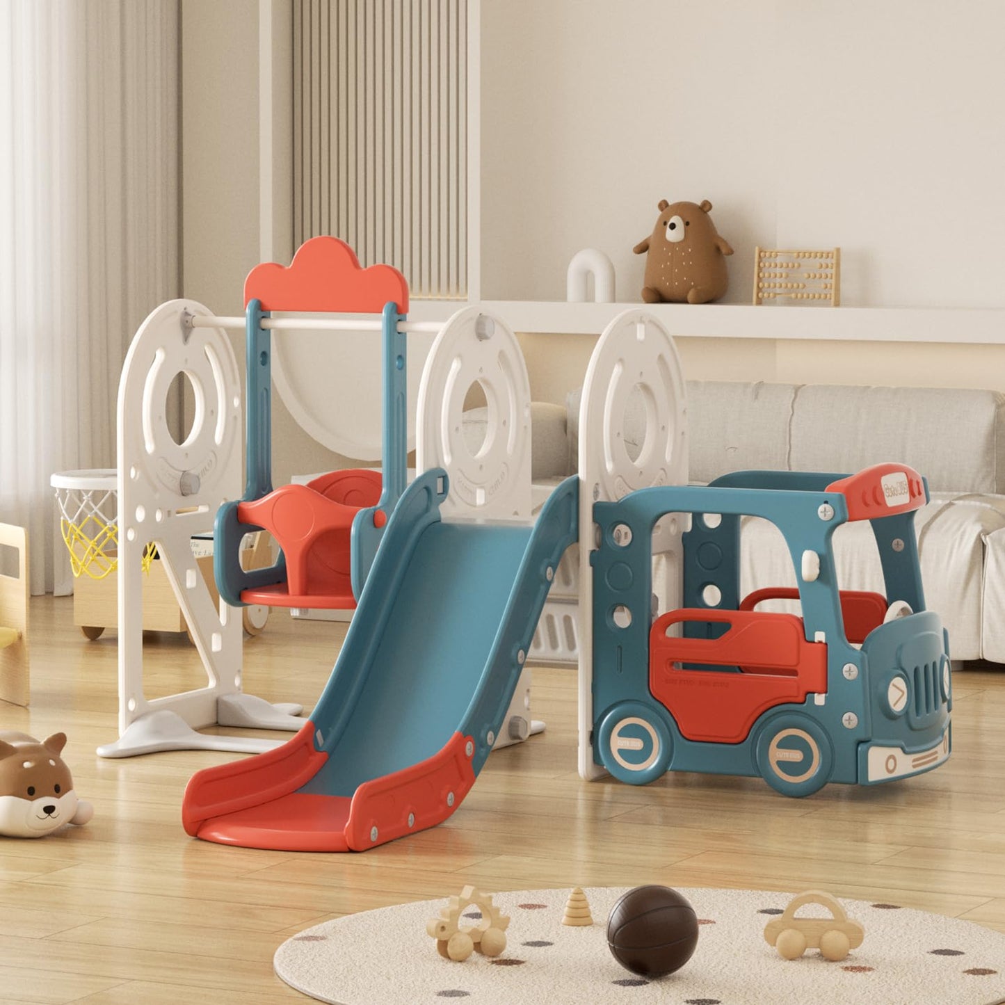 Rutsche mit Klettergerüst für Kinder: Indoor Spielplatz mit - Aufbewahrungsbox Tunnel Treppenleiter Basketballkorb und Durchgangsbereich Gartenrutsche (Star Set-G-Brown)
