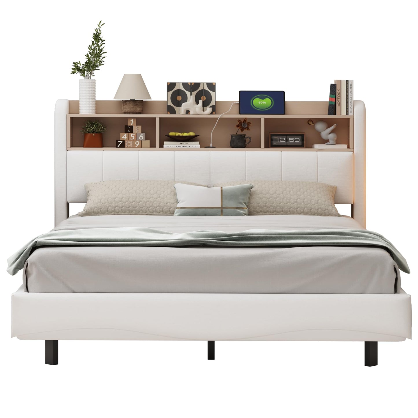 LAKFEW Polsterbett 140X200 cm, Doppelbett Stauraumbett mit LED-Beleuchtung, Erwachsenenbett mit USB/Typ-C, Bettgestell Bett mit Lattenrost, Ohne Matratze, Grau, Leinen
