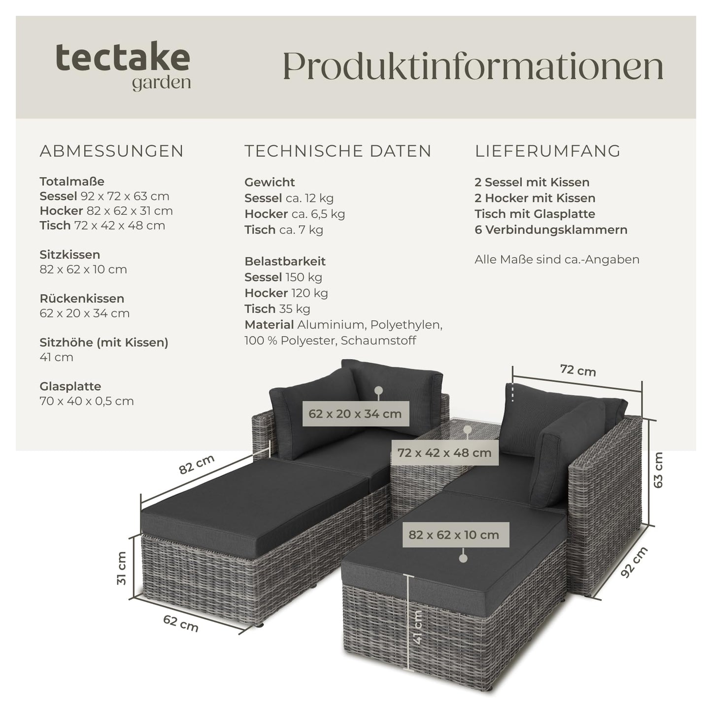 tectake® Luxus Rattan Lounge Set Outdoor, modulares Sofa mit Couch Tisch und Hocker, Balkon Möbel, Garten, Terrasse, Gartenmöbel Set wetterfest, Balkon Lounge, Gartenlounge - Natur