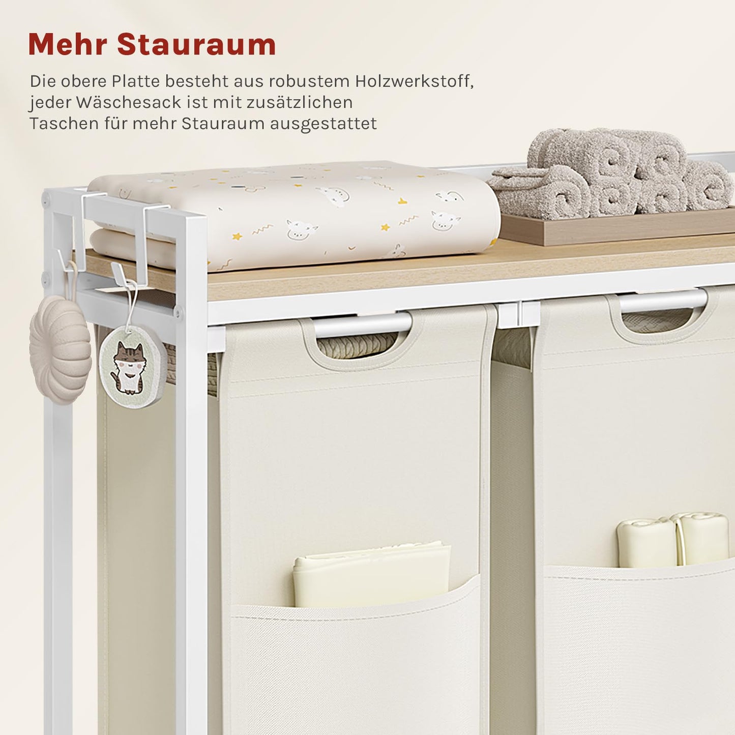 WOLTU Laundry Basket, 3 Compartments, Each 40 L, Laundry Hamper with Shelf Metal Frame, Oxford Fabric Laundry Bag, Extendable, Removable, Laundry Sorter, Laundry Container, White