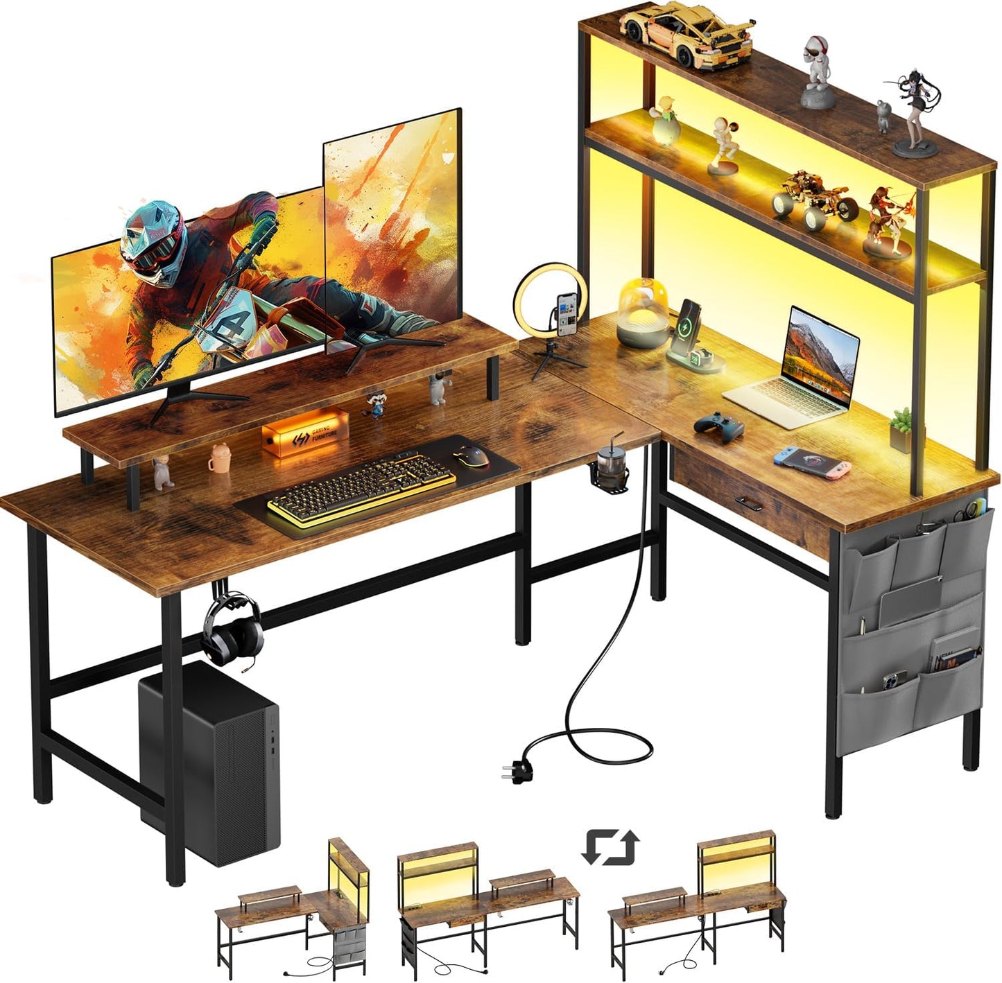 HLONONE Gaming Table with LED, 150 x 100 cm Gaming Desk, L Shape with 3 Sockets and 2 USB, Reversible Corner Desk, PC Corner Table, Computer Desk with Monitor Stand and Countertop Shelf, Black