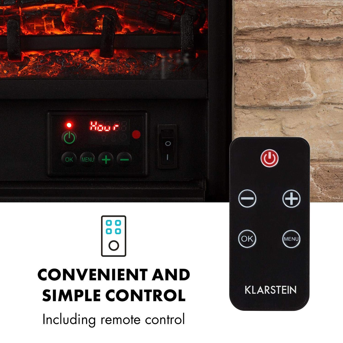 Klarstein Electric Fireplace, Electric Fireplace, 1800 Watt, Flame Effect, Stone Decor, Polystone, Remote Control
