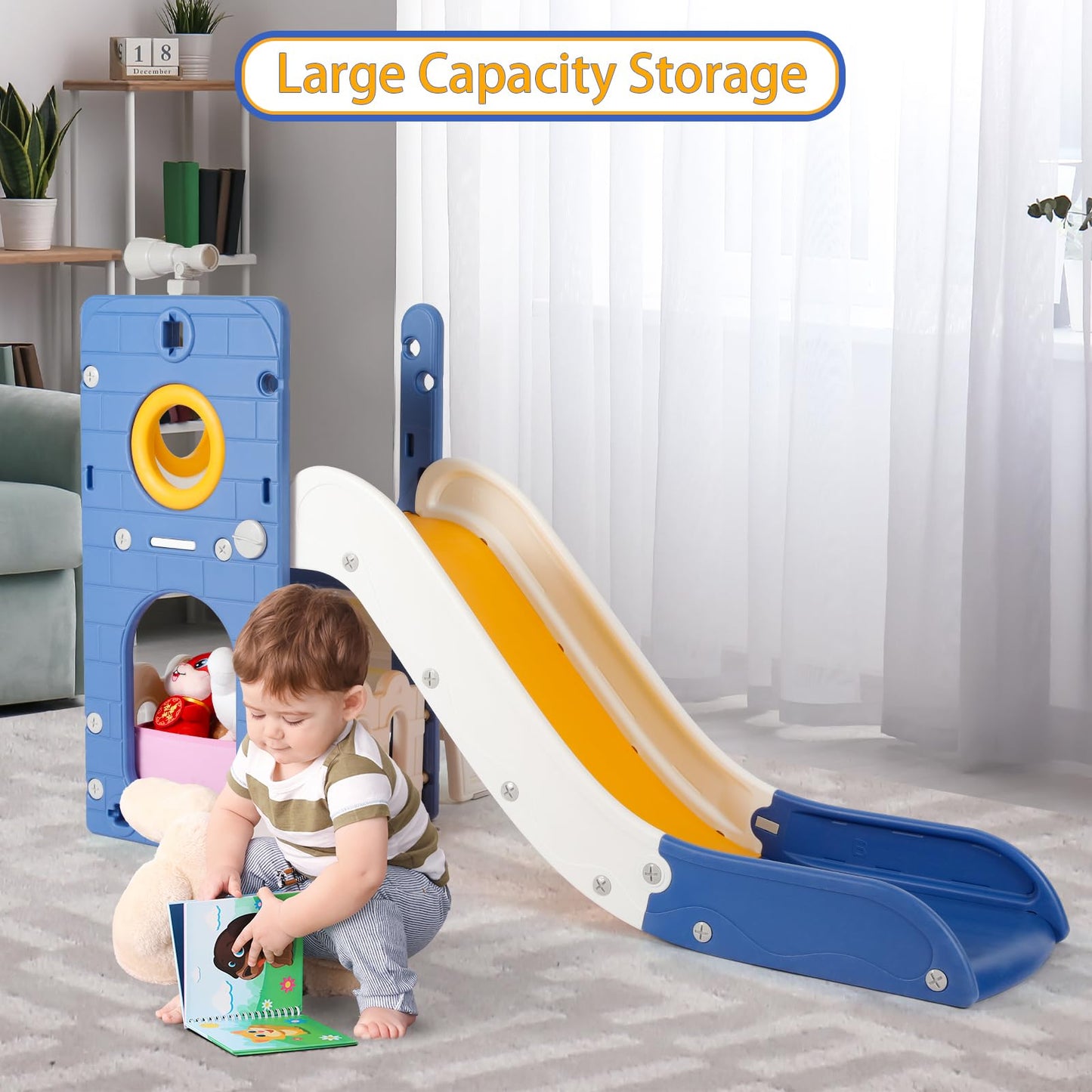 Kinderrutsche, für 1-3 Jahre, Indoor & Outdoor Rutsche ab 1 Jahre, Freistehende Rutsche mit Stauraum & Spielteleskope, Gartenrutsche, Kinder Spielplatz, mit 2PCS Moduls, Grün Grau